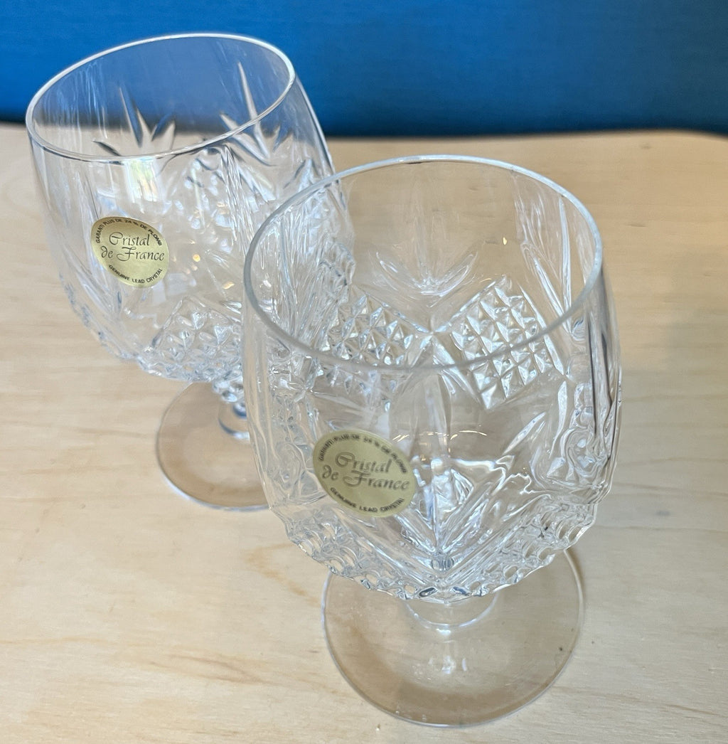 Pair Cristal De France Lead Crystal Brandy Glasses Boxed Unused 12cm