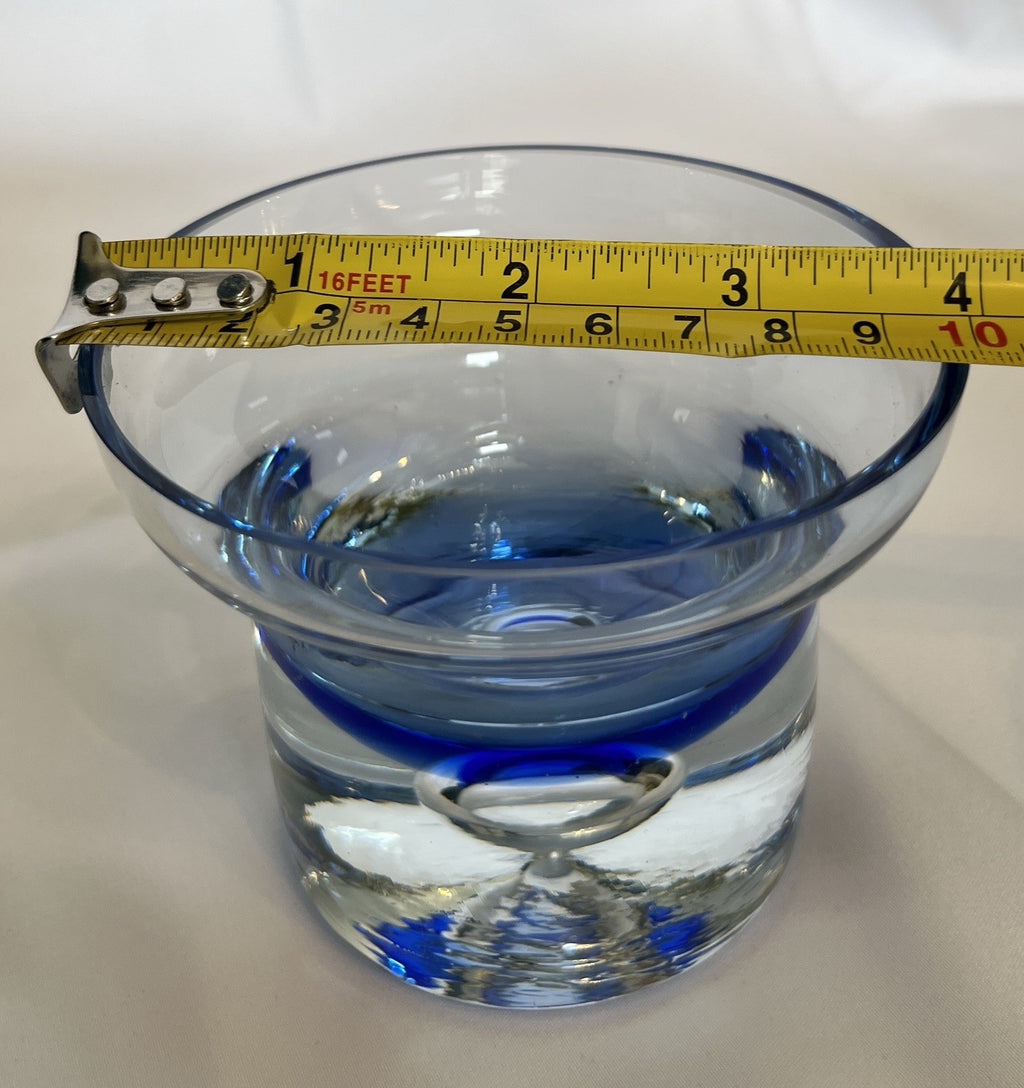 Vintage Krosno Crystal Candle Holder Cobalt Blue Clear Glass Trapped Bubble 10cm