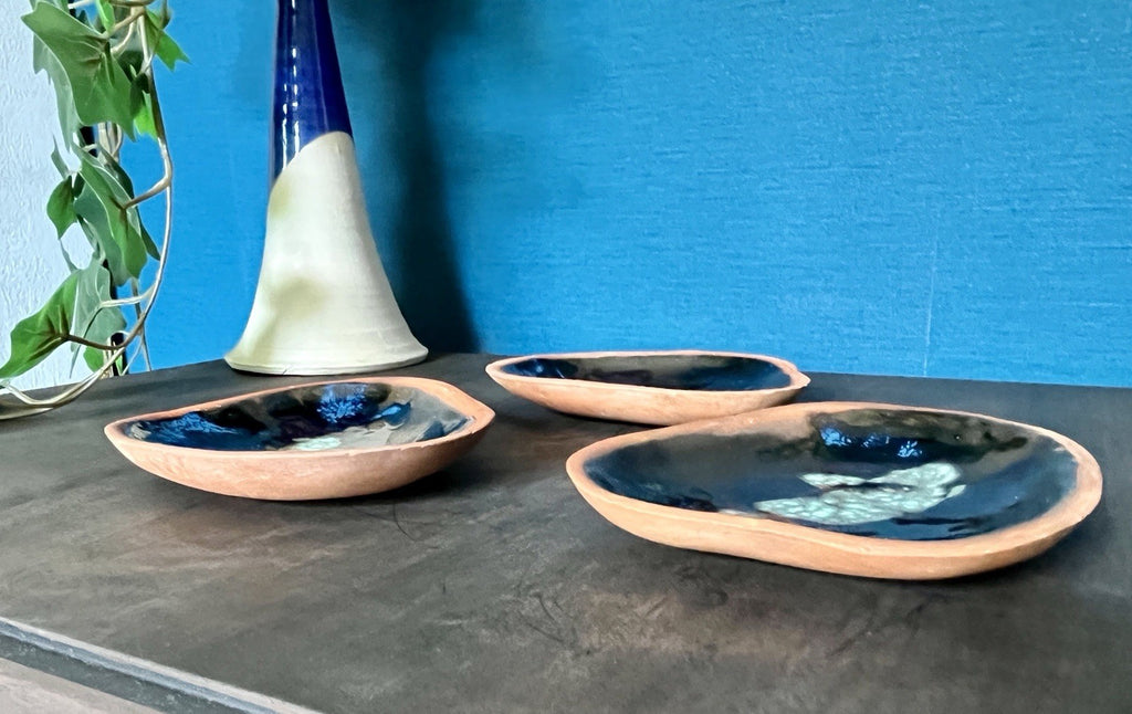 Set of 3 Studio Pottery Enamel Dishes Blue Glazed Trinket Bowls Organic Shape