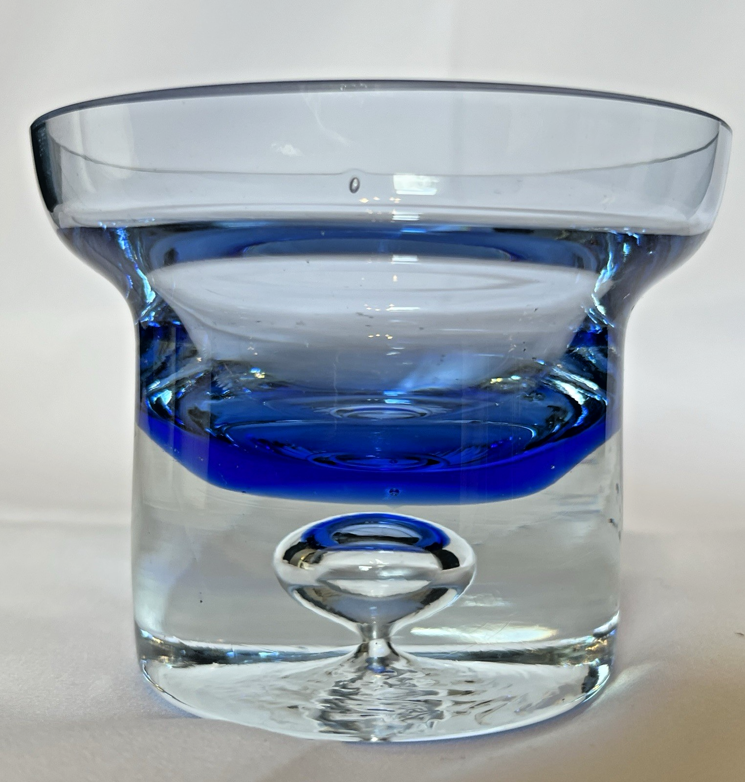Vintage Krosno Crystal Candle Holder Cobalt Blue Clear Glass Trapped Bubble 10cm