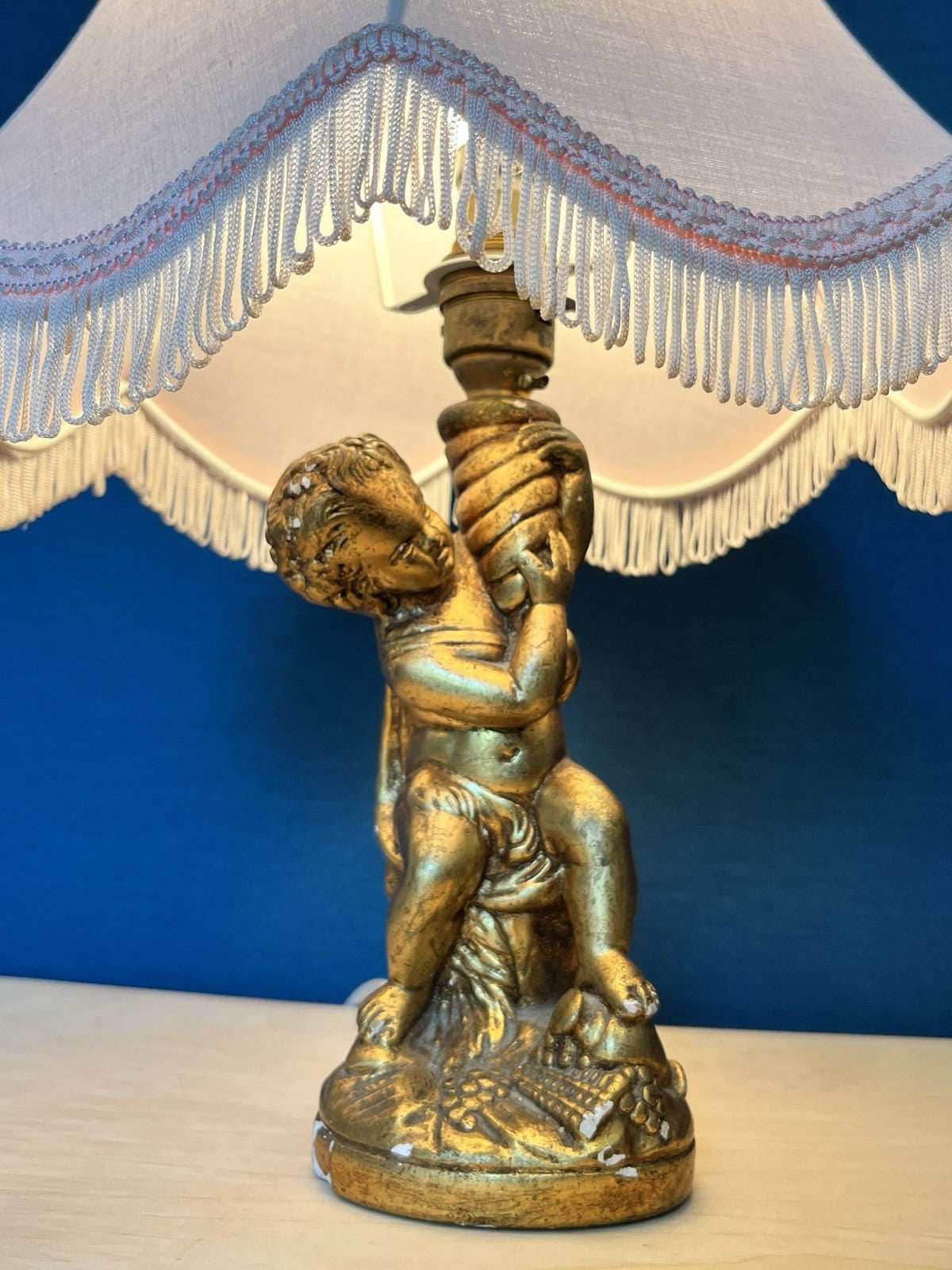 Vintage Cherub Table Lamp Base Putti Figure Gilt Resin Lamp Working 25cm