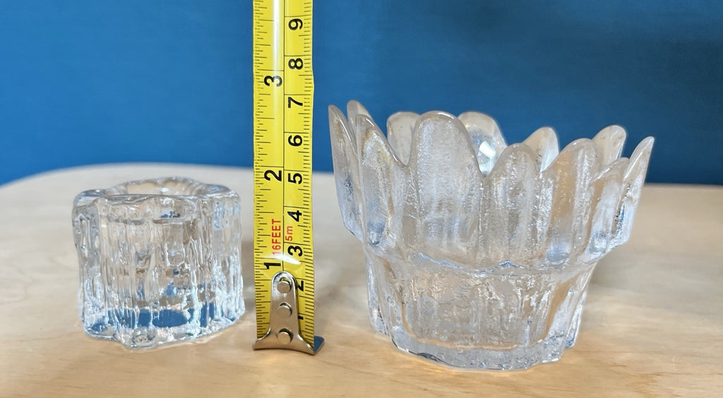 Scandinavian Ice Glass Candle Holders Pair Vintage Textured Glass Votive & Taper