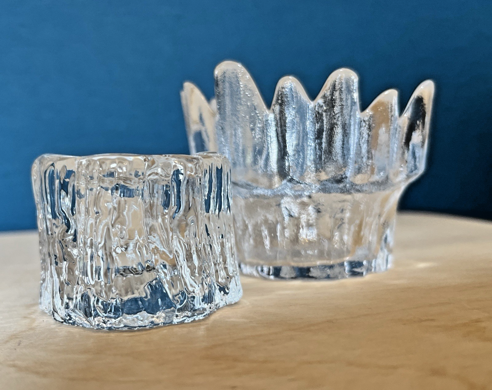 Scandinavian Ice Glass Candle Holders Pair Vintage Textured Glass Votive & Taper