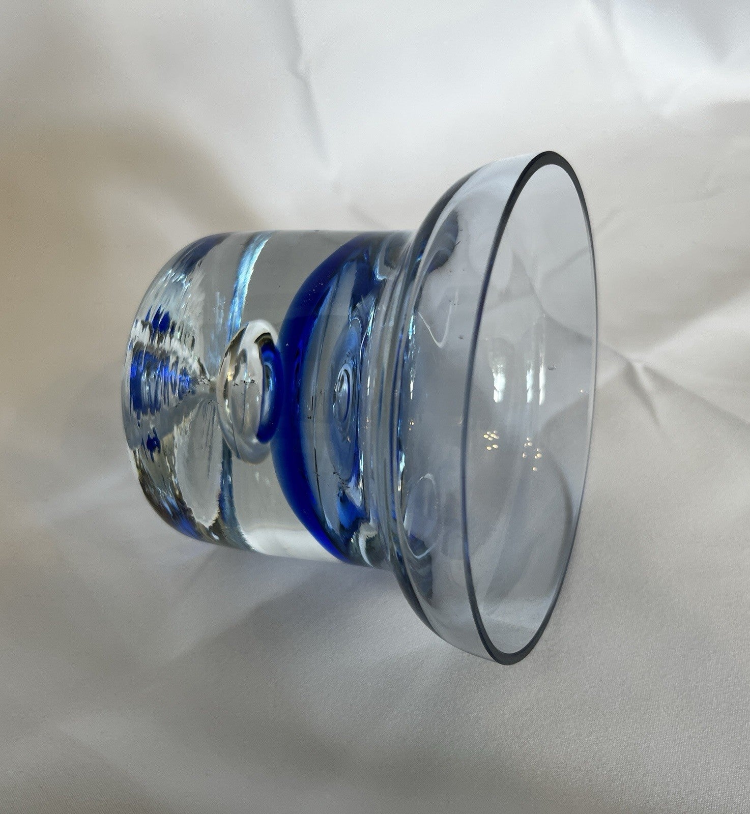 Vintage Krosno Crystal Candle Holder Cobalt Blue Clear Glass Trapped Bubble 10cm