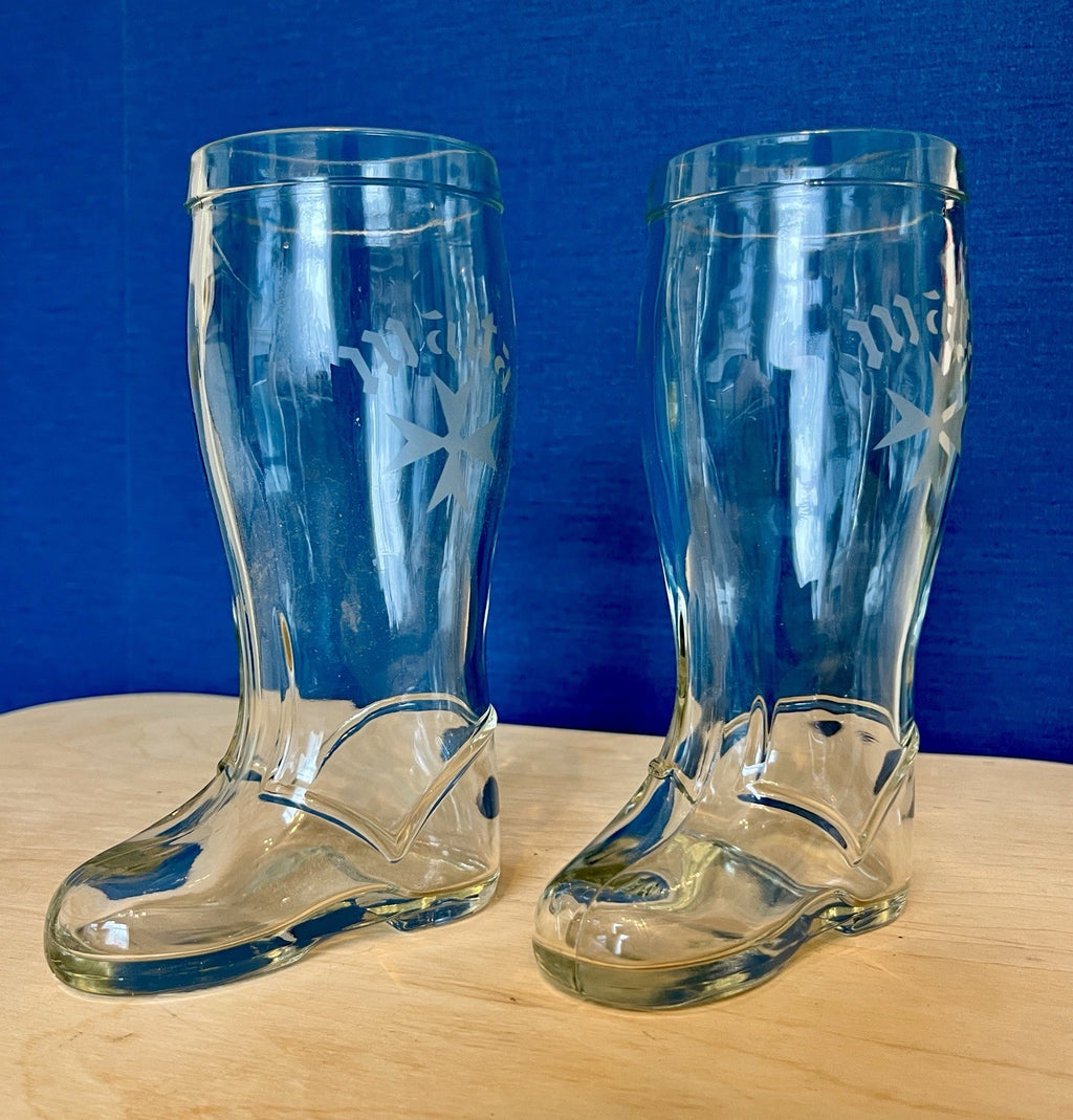 Pair Vintage Glass Beer Boots Malta Etched Drinking Glasses 19.5cm