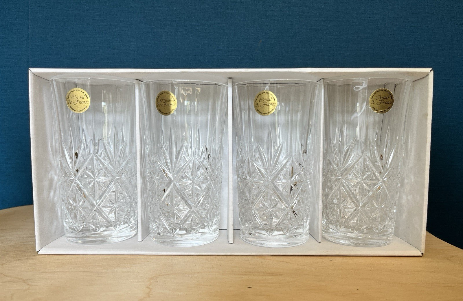 4 Crystal Highball Tumblers Cut Glass Drinking Glasses Boxed 13.5cm
