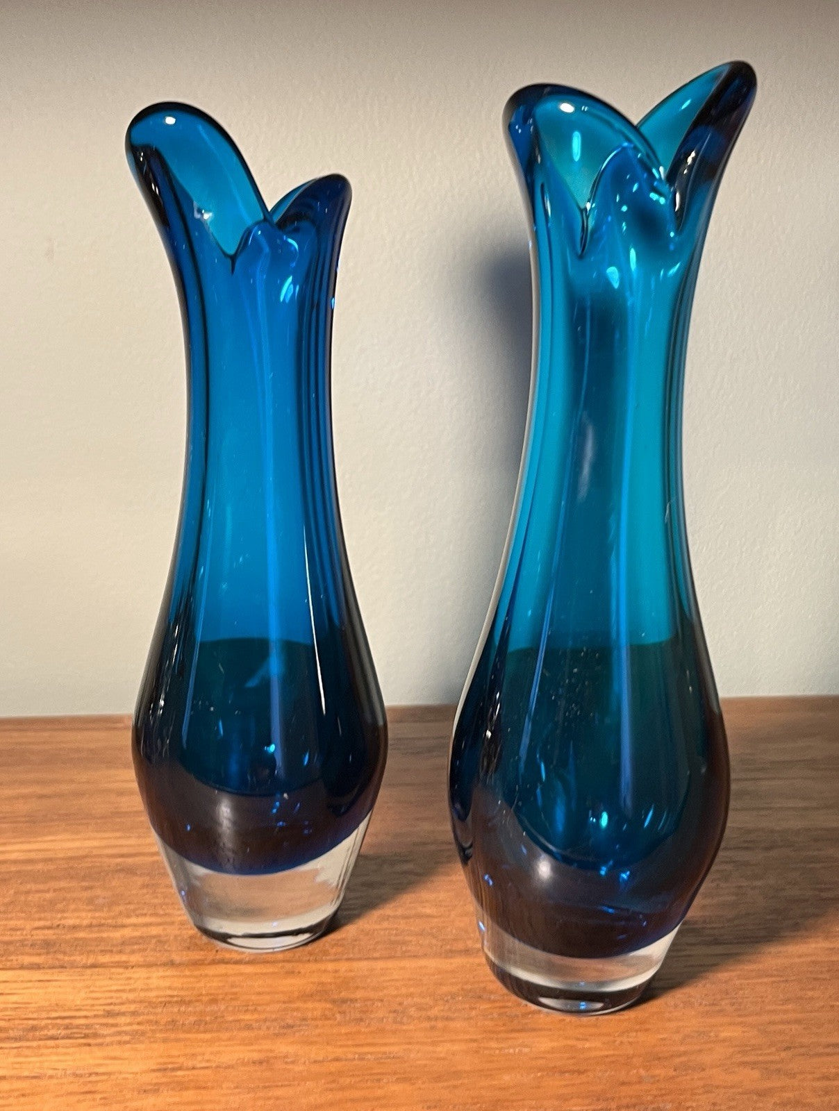 Whitefriars  Beak Vases Pair in Kingfisher Blue Mid Century Art Glass