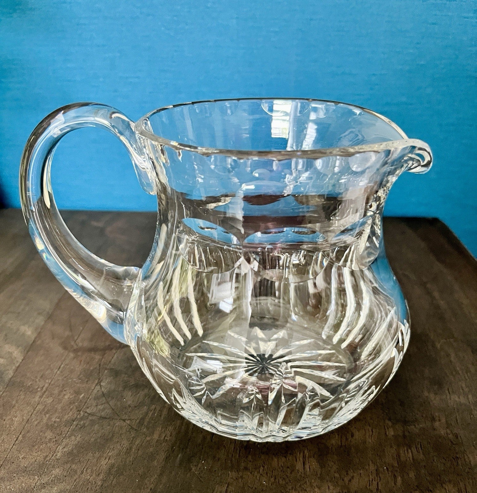 Heavy Cut Crystal Water Jug Pitcher Starburst Base Vintage Lead Crystal 19cm