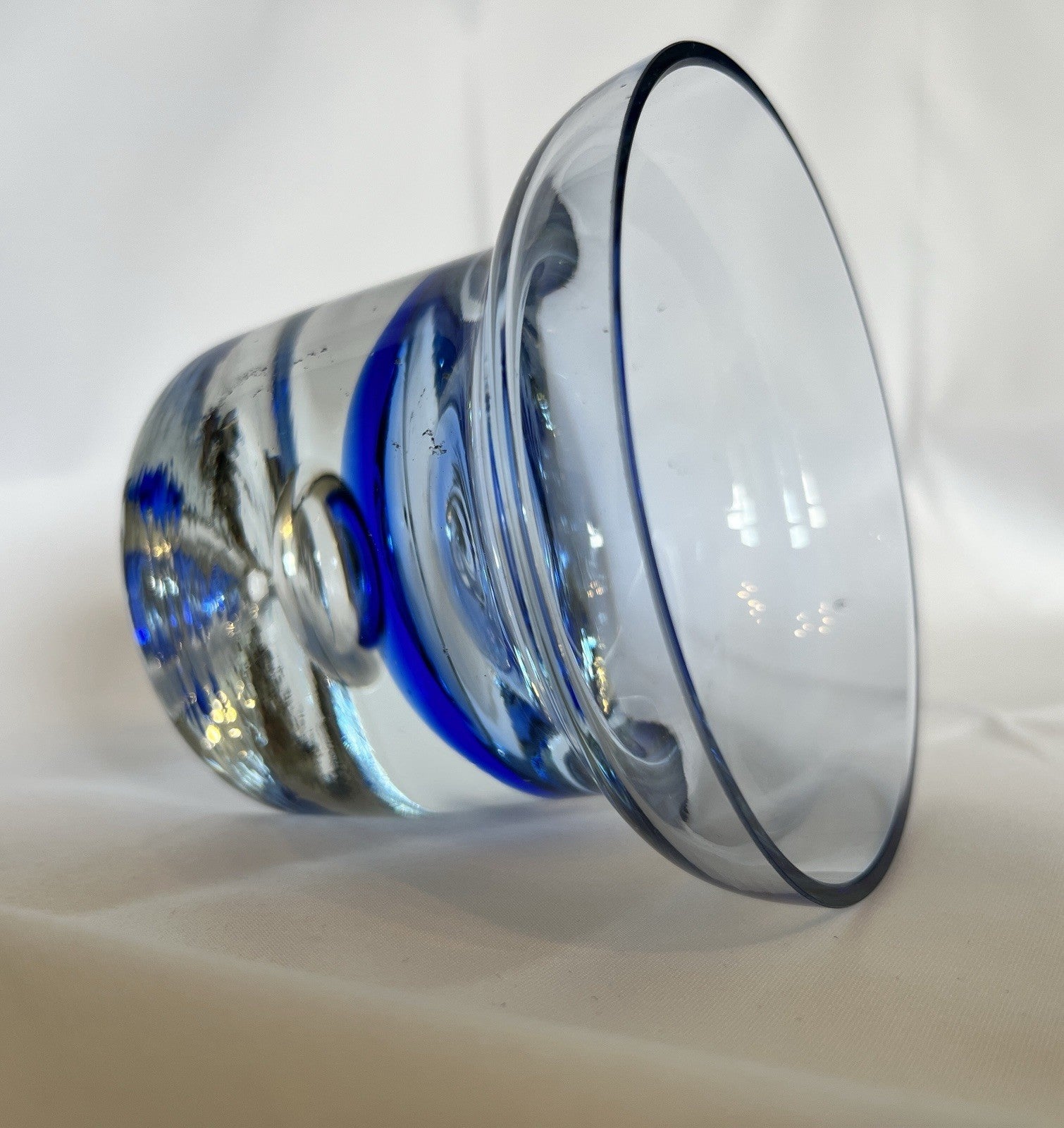 Vintage Krosno Crystal Candle Holder Cobalt Blue Clear Glass Trapped Bubble 10cm