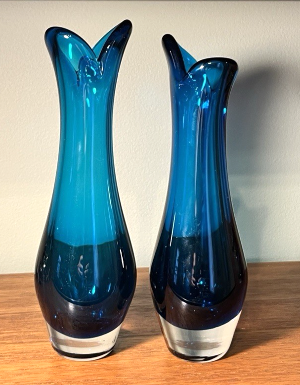 Whitefriars  Beak Vases Pair in Kingfisher Blue Mid Century Art Glass