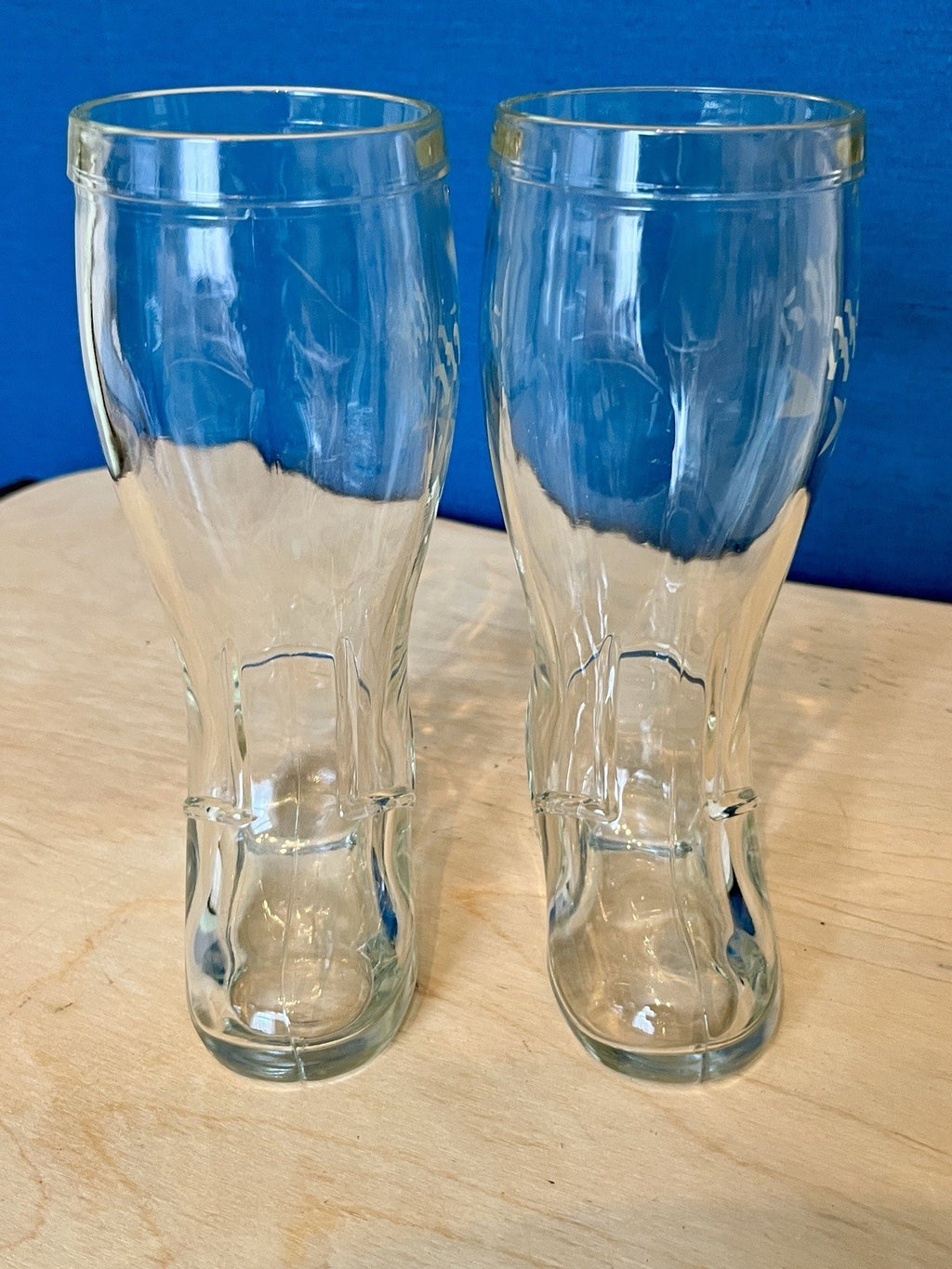 Pair Vintage Glass Beer Boots Malta Etched Drinking Glasses 19.5cm