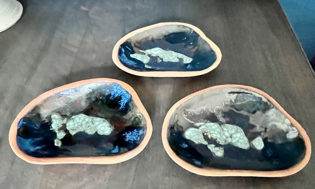 Set of 3 Studio Pottery Enamel Dishes Blue Glazed Trinket Bowls Organic Shape