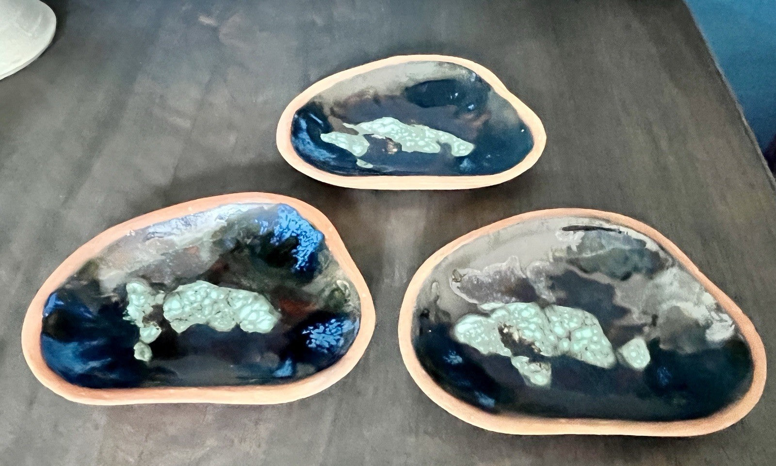 Set of 3 Studio Pottery Enamel Dishes Blue Glazed Trinket Bowls Organic Shape