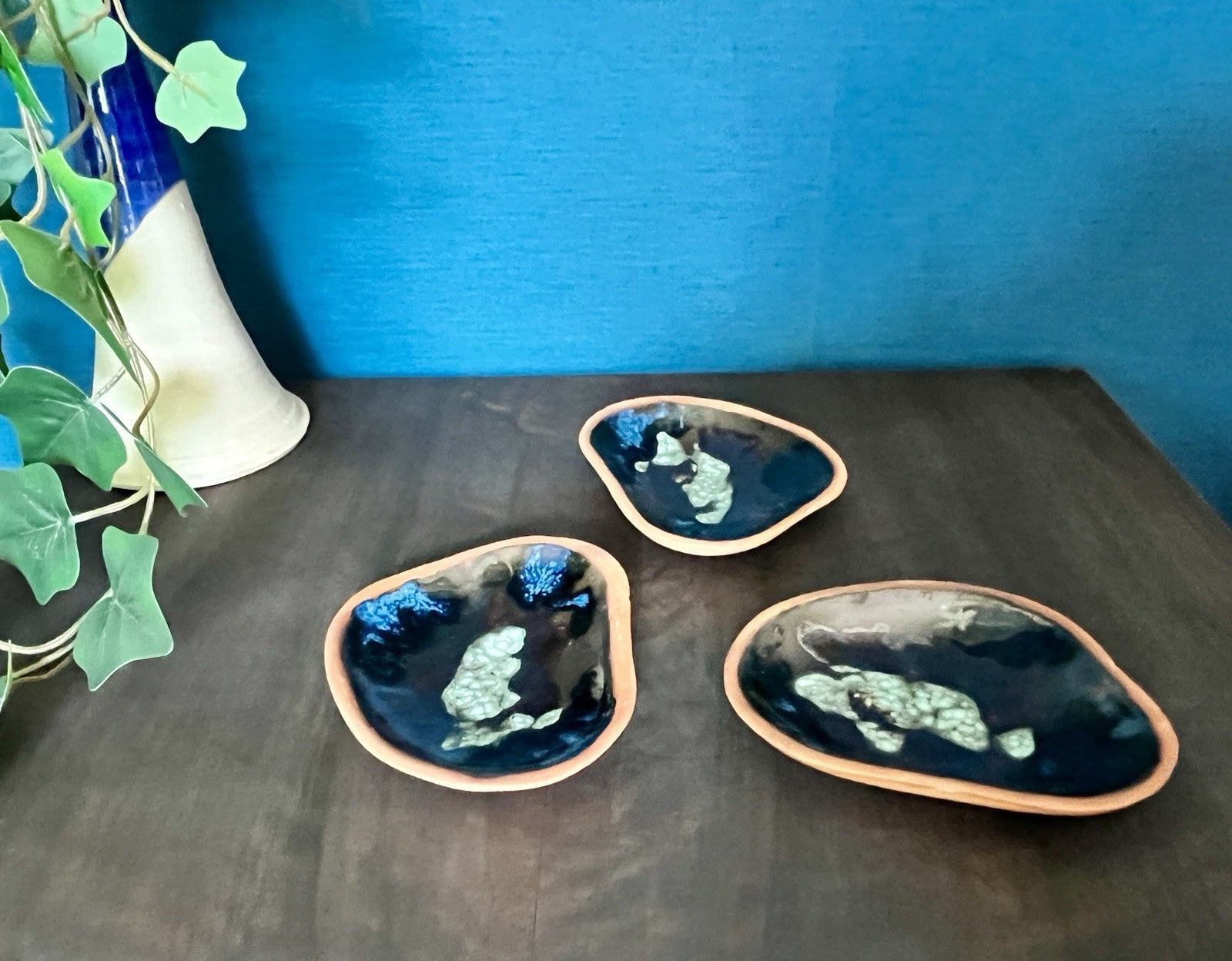 Set of 3 Studio Pottery Enamel Dishes Blue Glazed Trinket Bowls Organic Shape