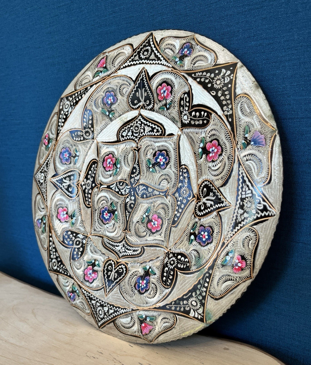 Vintage Indian Brass Wall Plate Enamel Floral Mandala Charger Hanging Plaque