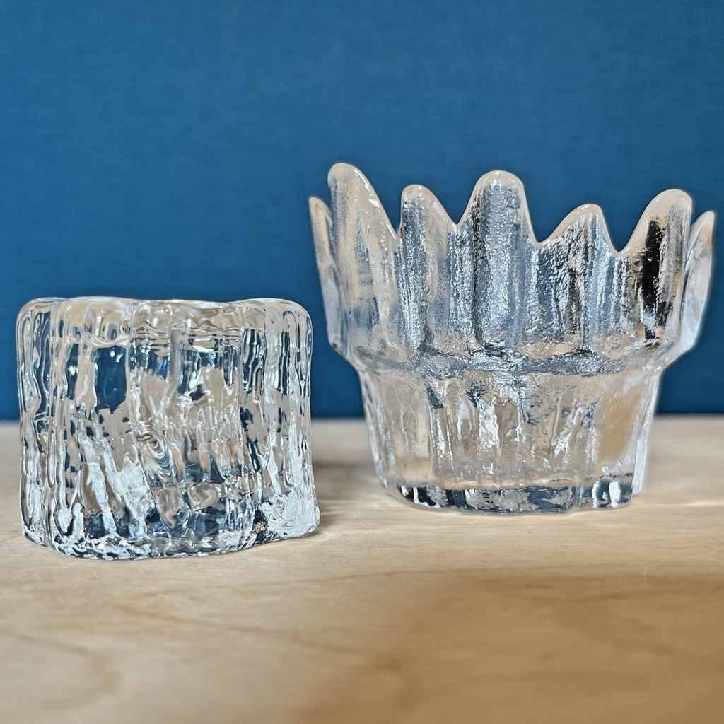 Scandinavian Ice Glass Candle Holders Pair Vintage Textured Glass Votive & Taper