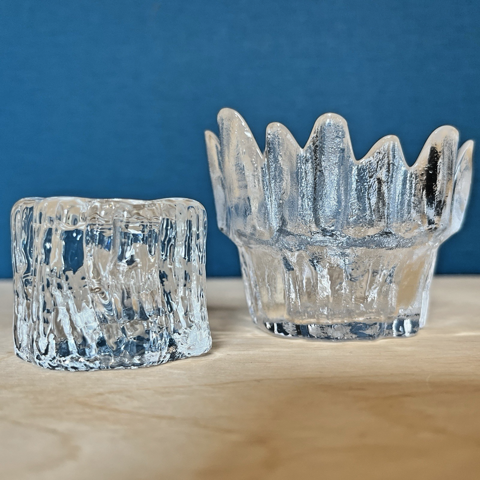 Scandinavian Ice Glass Candle Holders Pair Vintage Textured Glass Votive & Taper