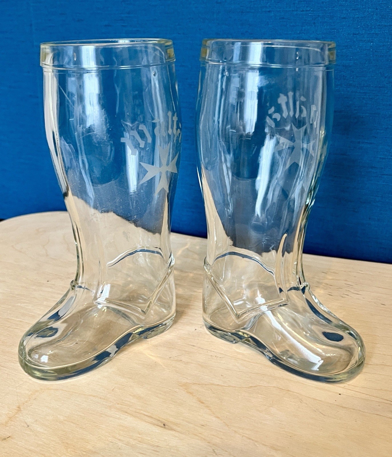 Pair Vintage Glass Beer Boots Malta Etched Drinking Glasses 19.5cm