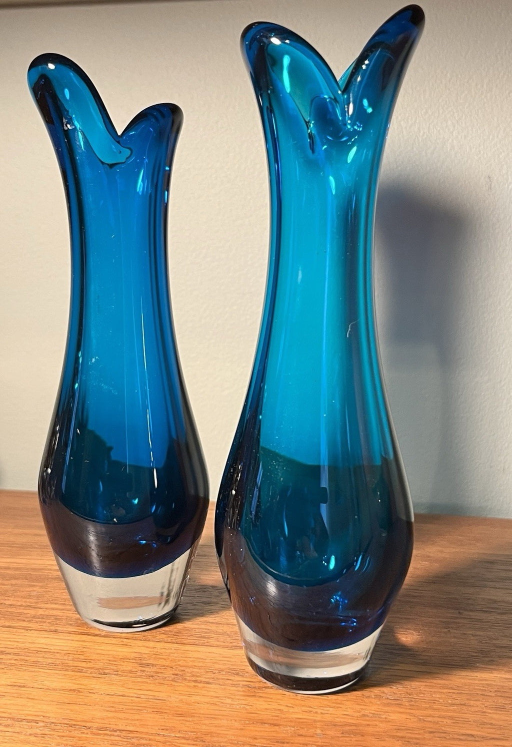 Whitefriars  Beak Vases Pair in Kingfisher Blue Mid Century Art Glass