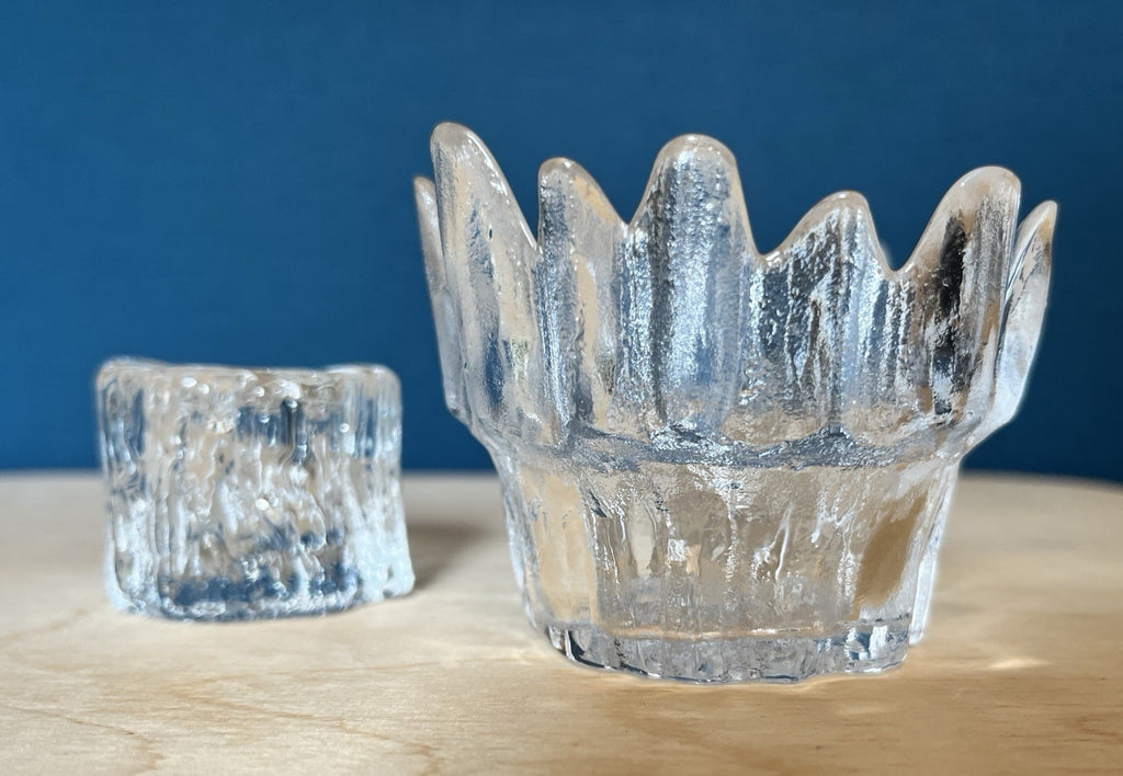 Scandinavian Ice Glass Candle Holders Pair Vintage Textured Glass Votive & Taper