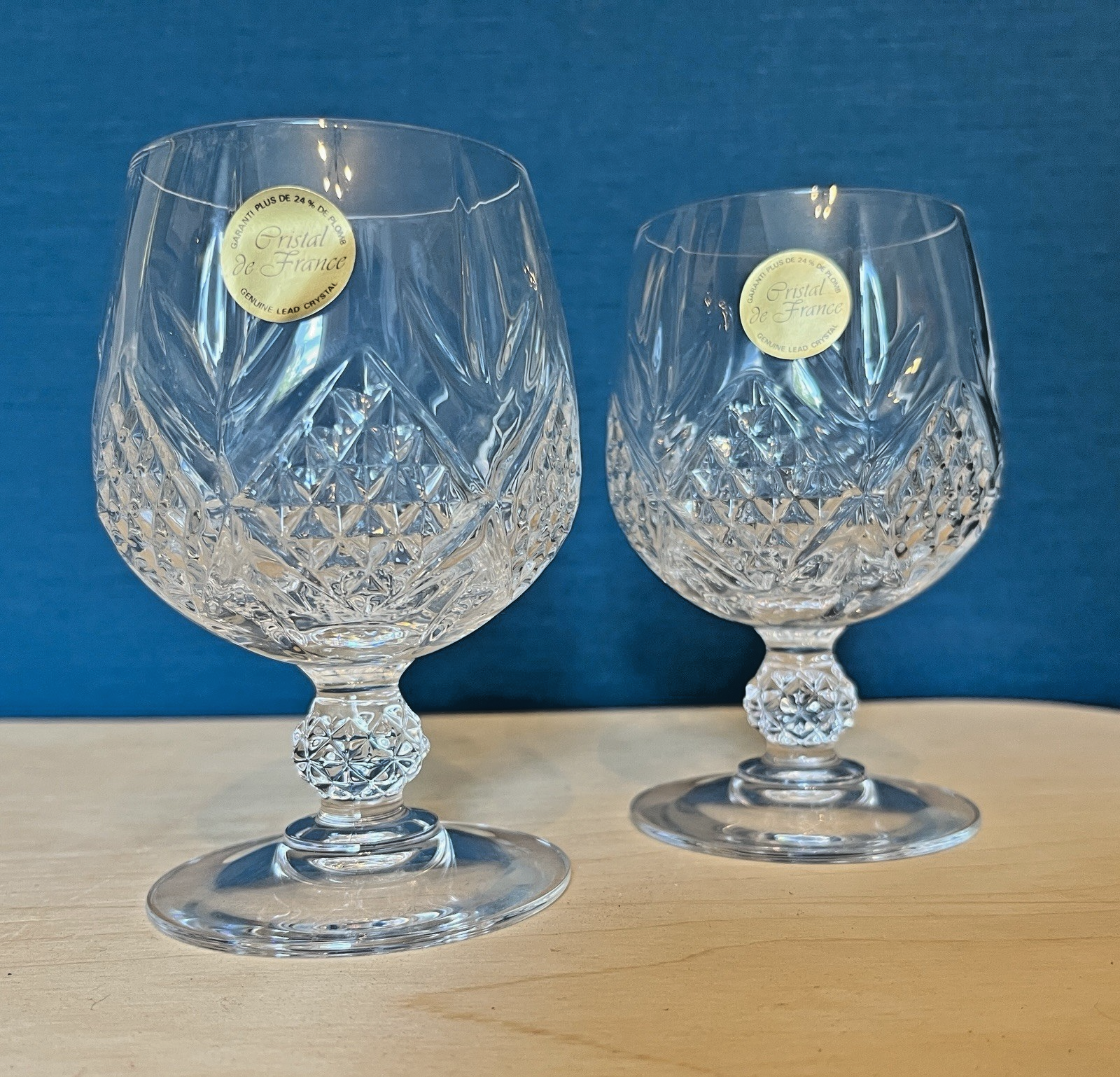 Pair Cristal De France Lead Crystal Brandy Glasses Boxed Unused 12cm