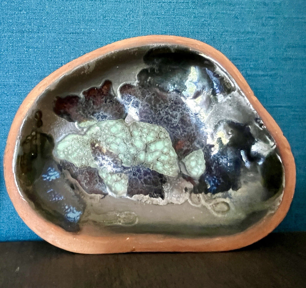 Set of 3 Studio Pottery Enamel Dishes Blue Glazed Trinket Bowls Organic Shape