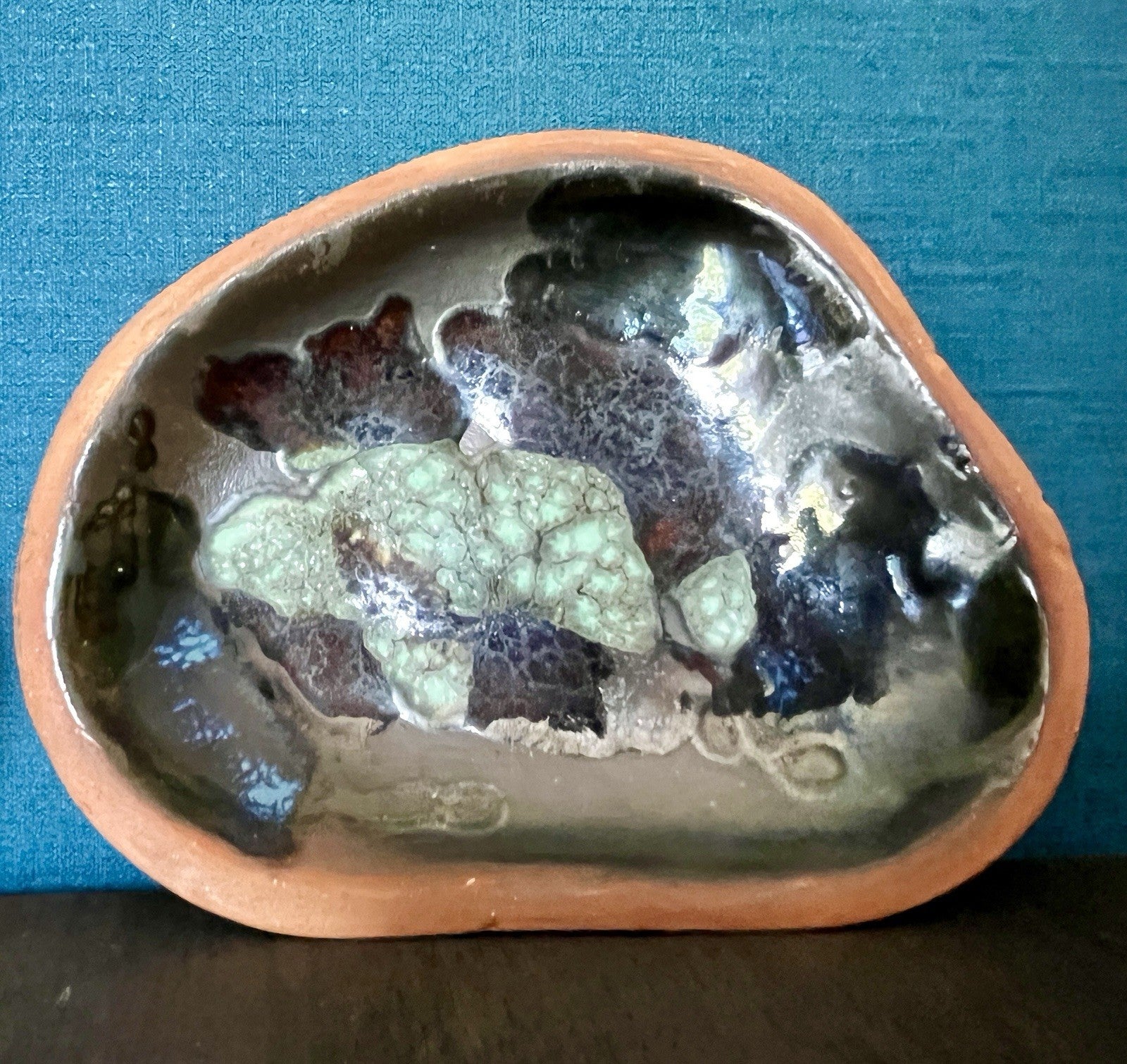 Set of 3 Studio Pottery Enamel Dishes Blue Glazed Trinket Bowls Organic Shape