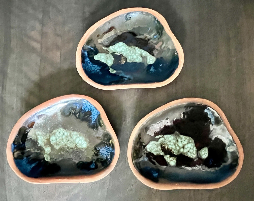 Set of 3 Studio Pottery Enamel Dishes Blue Glazed Trinket Bowls Organic Shape