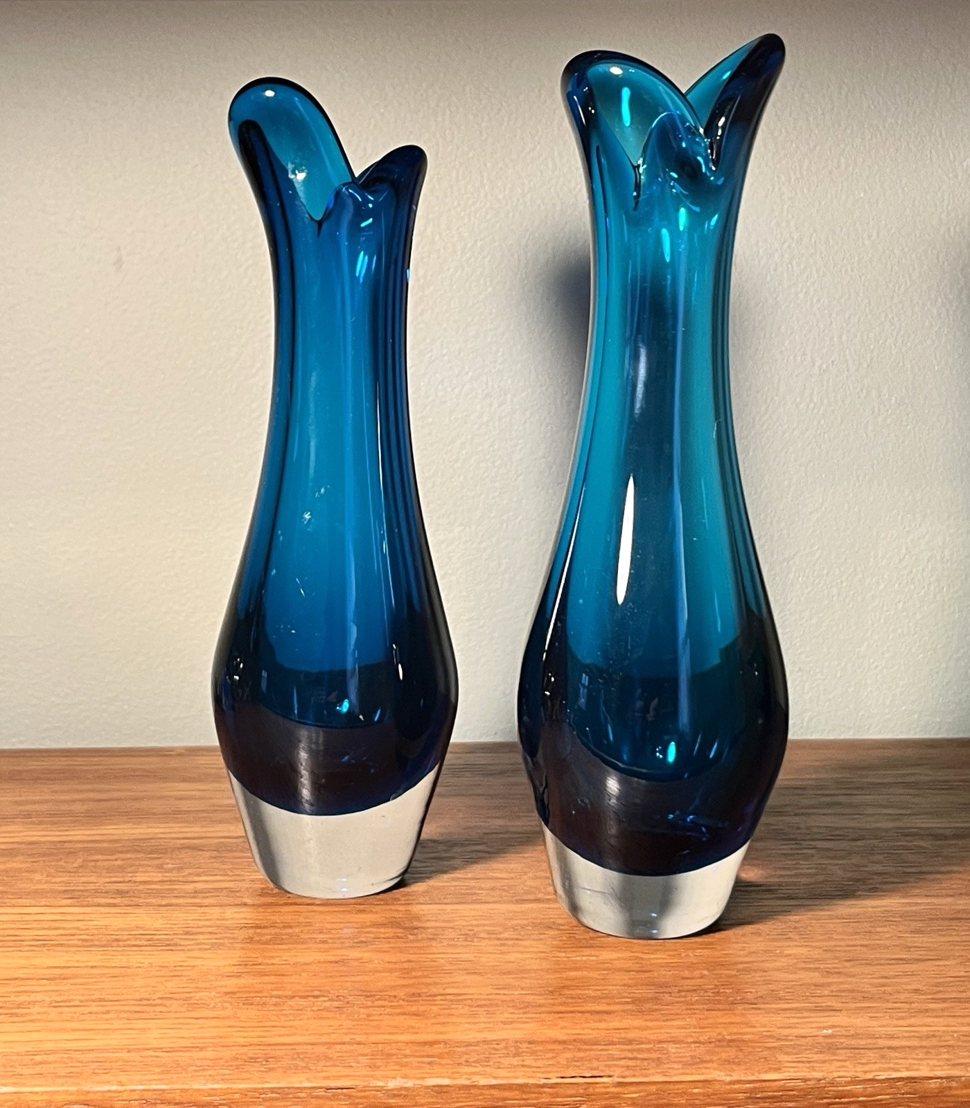 Whitefriars  Beak Vases Pair in Kingfisher Blue Mid Century Art Glass