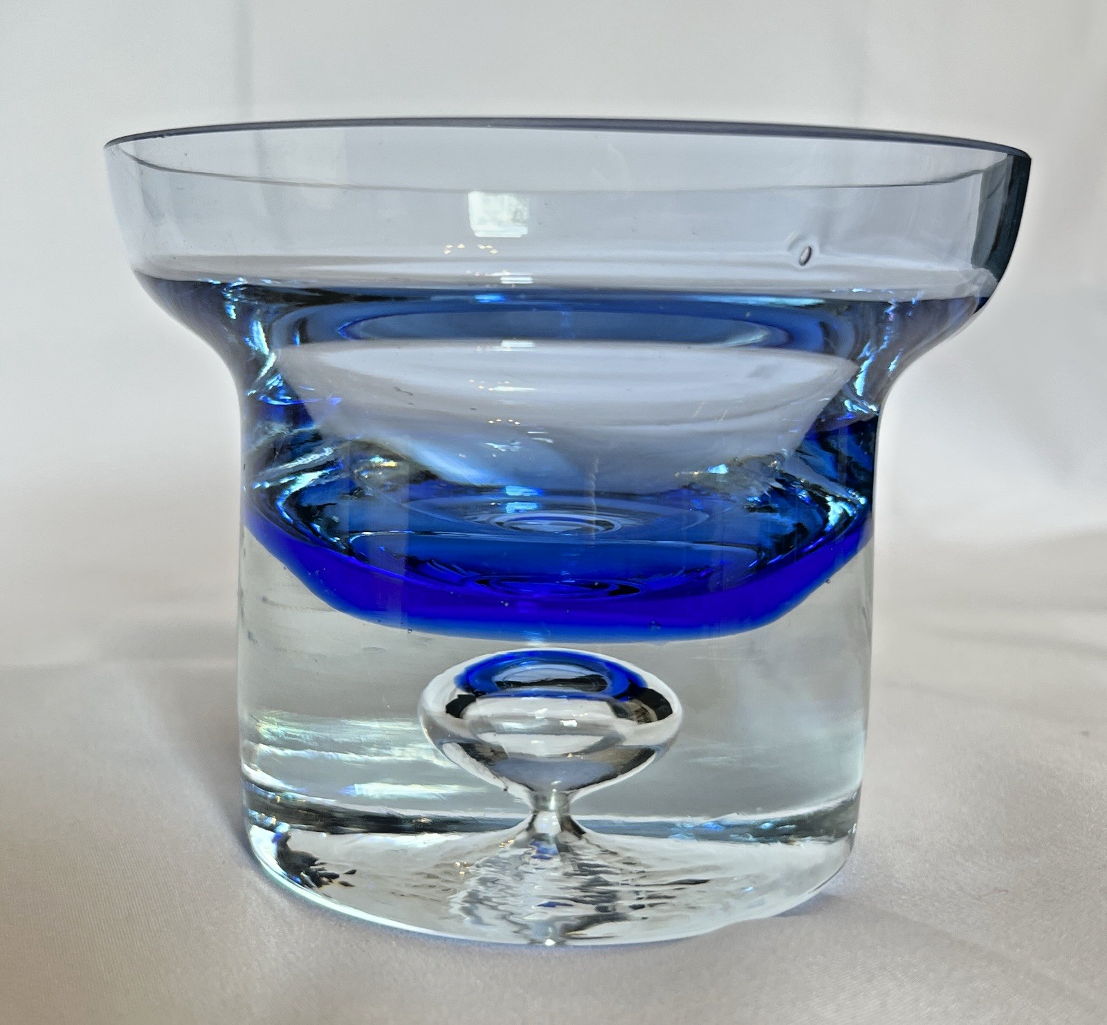 Vintage Krosno Crystal Candle Holder Cobalt Blue Clear Glass Trapped Bubble 10cm