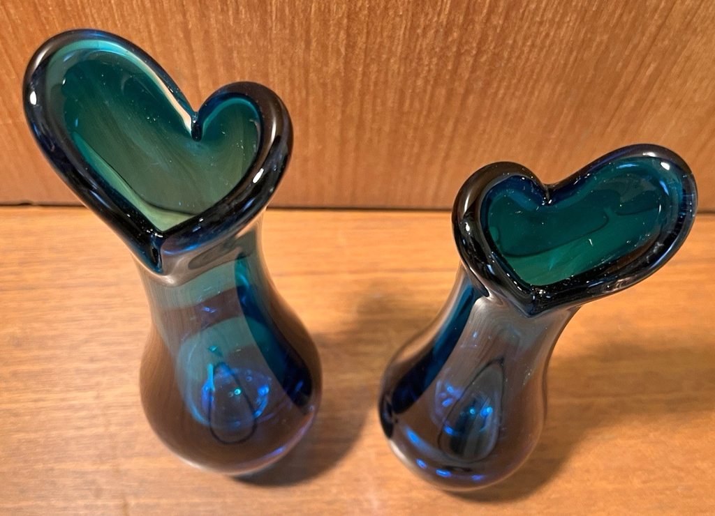 Whitefriars  Beak Vases Pair in Kingfisher Blue Mid Century Art Glass