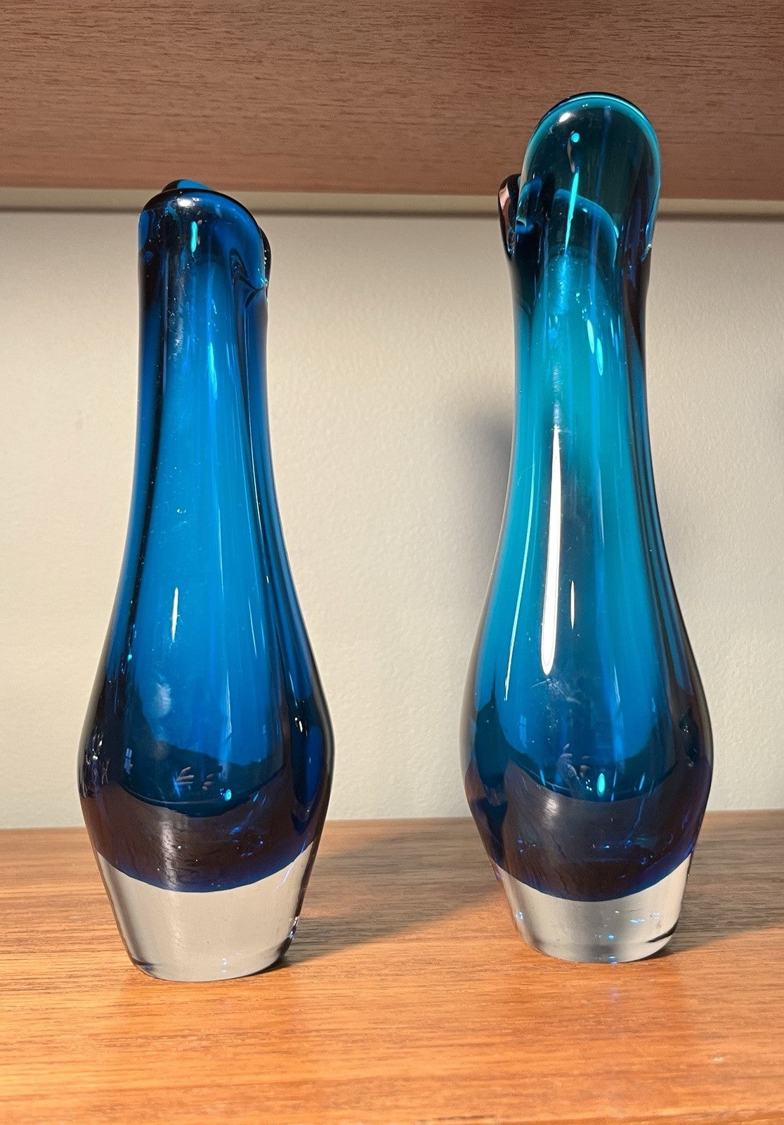 Whitefriars  Beak Vases Pair in Kingfisher Blue Mid Century Art Glass