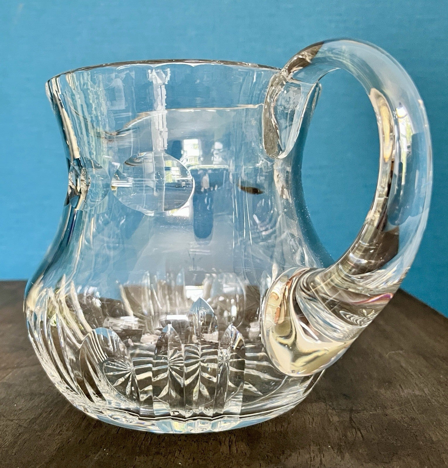 Heavy Cut Crystal Water Jug Pitcher Starburst Base Vintage Lead Crystal 19cm