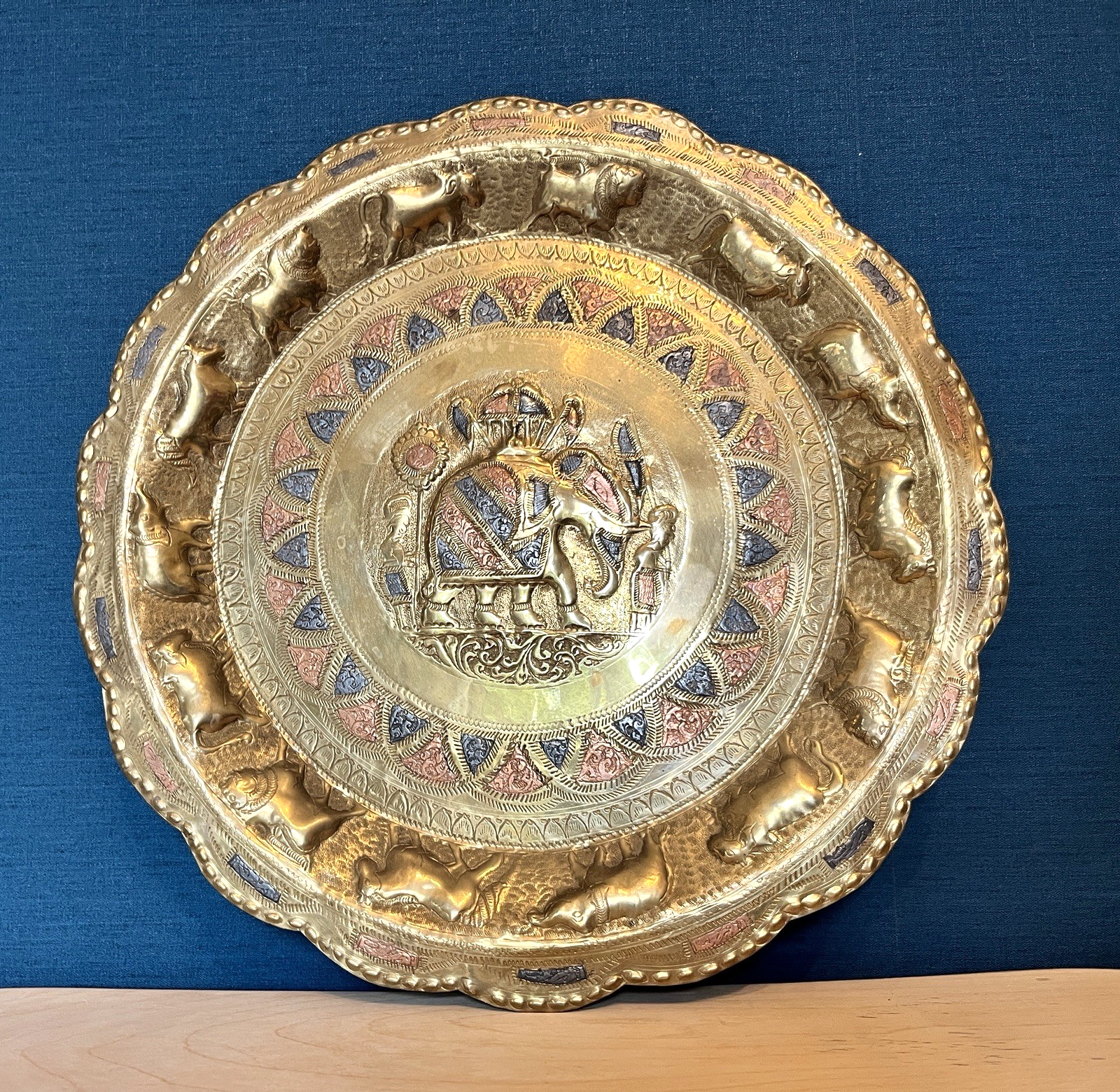Vintage Indian Brass Wall Plaque Elephant Decorative Hanging Tray 35cm Engraved
