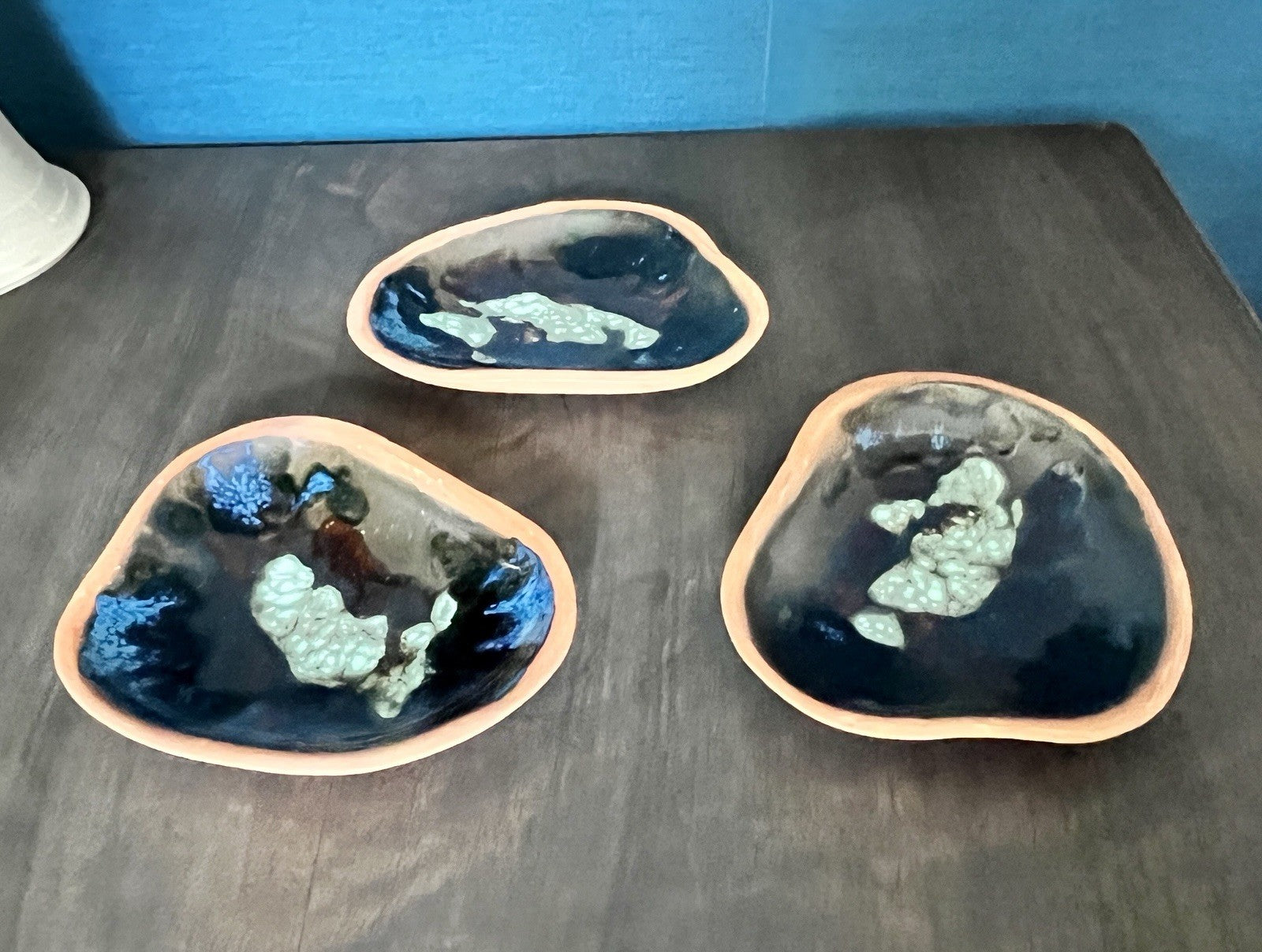 Set of 3 Studio Pottery Enamel Dishes Blue Glazed Trinket Bowls Organic Shape
