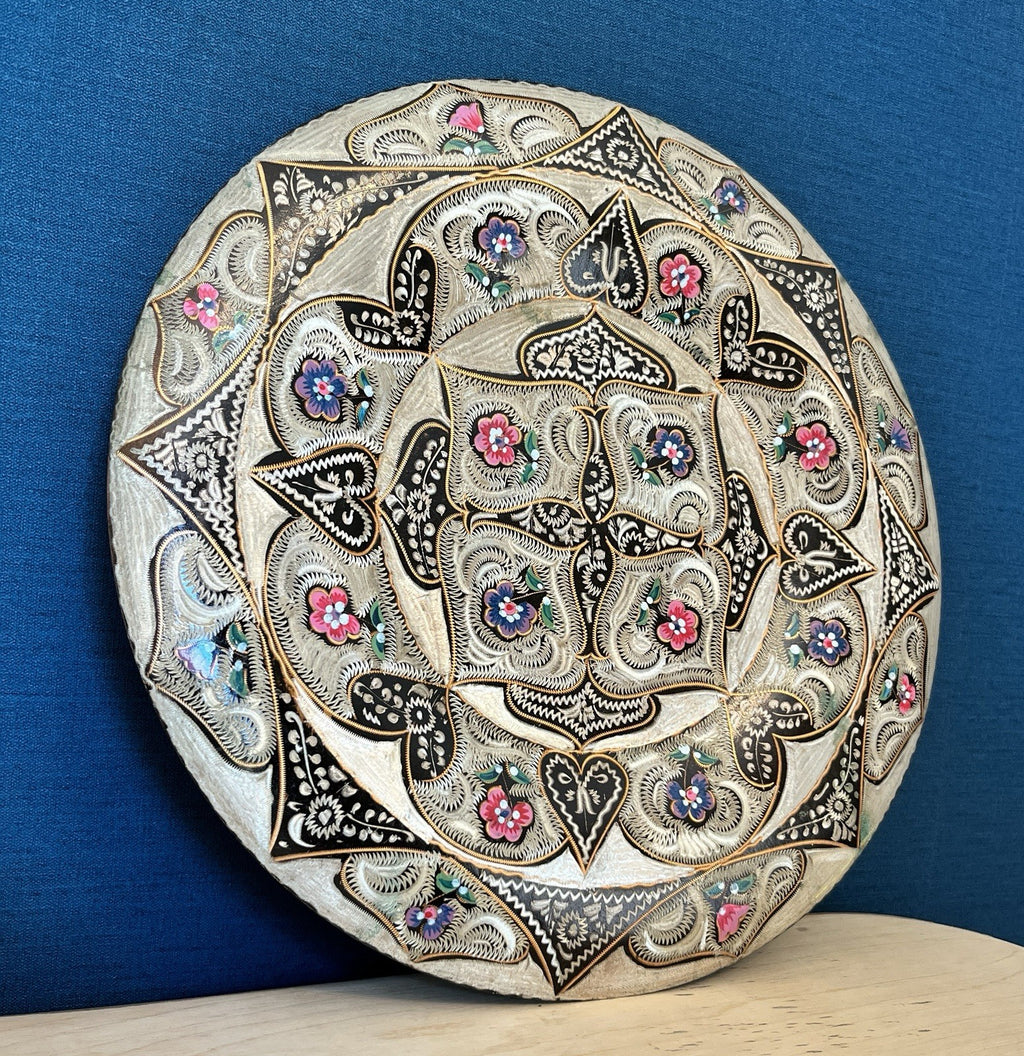 Vintage Indian Brass Wall Plate Enamel Floral Mandala Charger Hanging Plaque