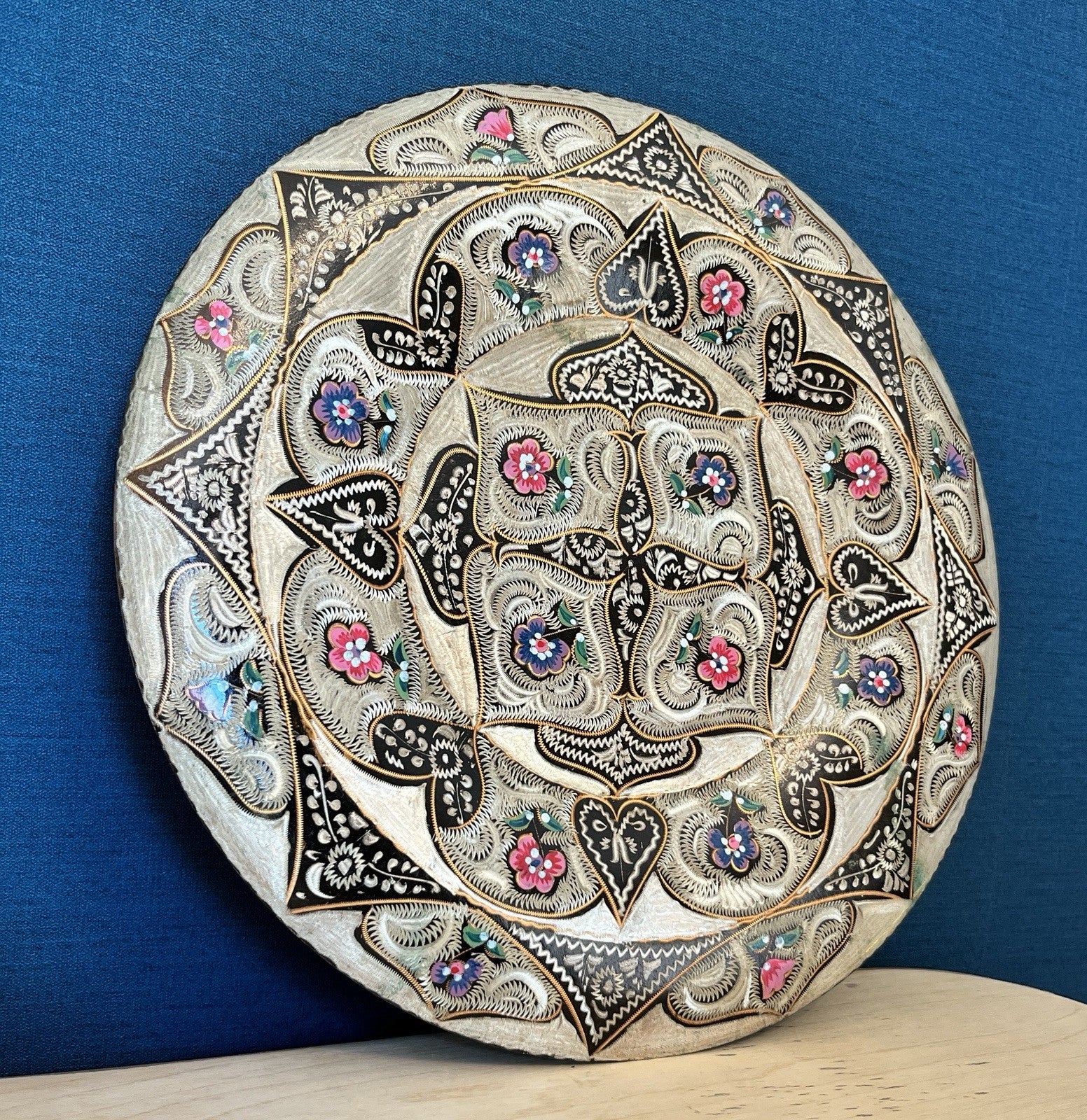 Vintage Indian Brass Wall Plate Enamel Floral Mandala Charger Hanging Plaque