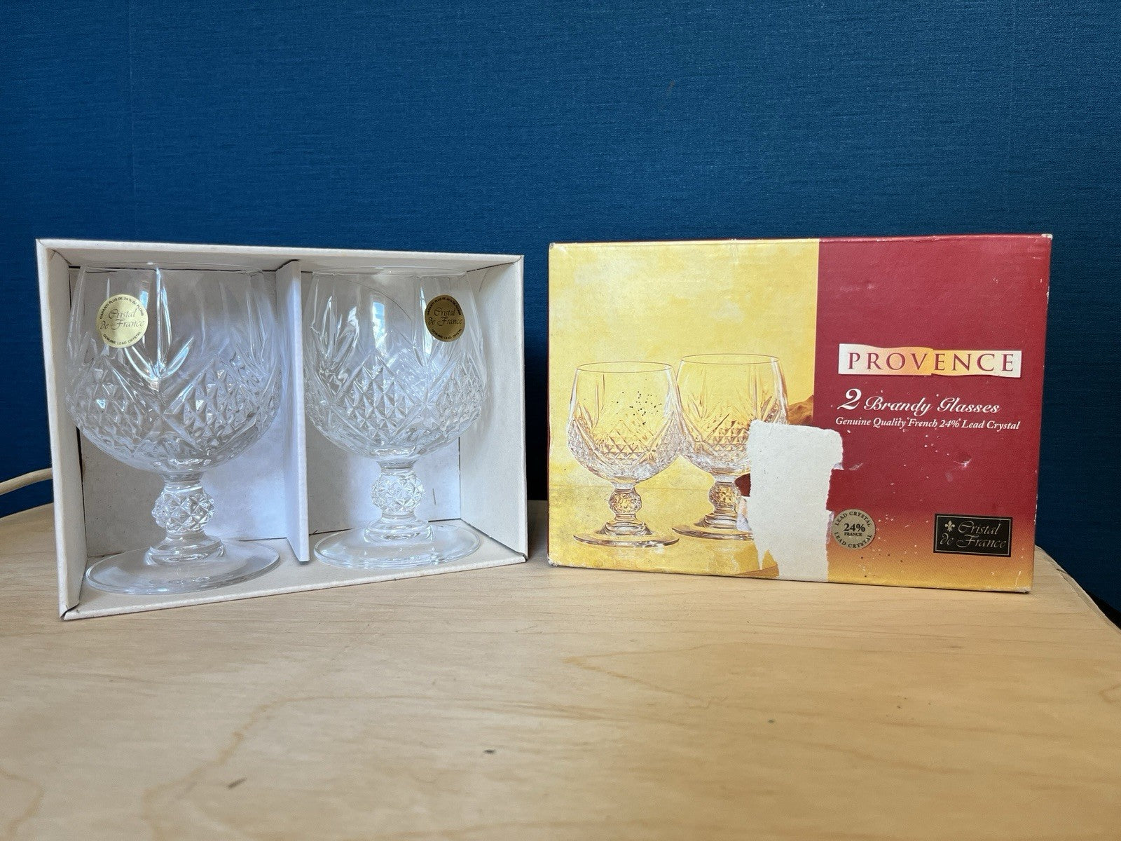 Pair Provence Cristal De France Lead Crystal Brandy Glasses Boxed Unused