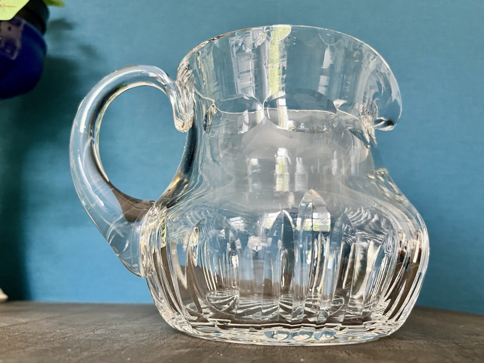 Heavy Cut Crystal Water Jug Pitcher Starburst Base Vintage Lead Crystal 19cm