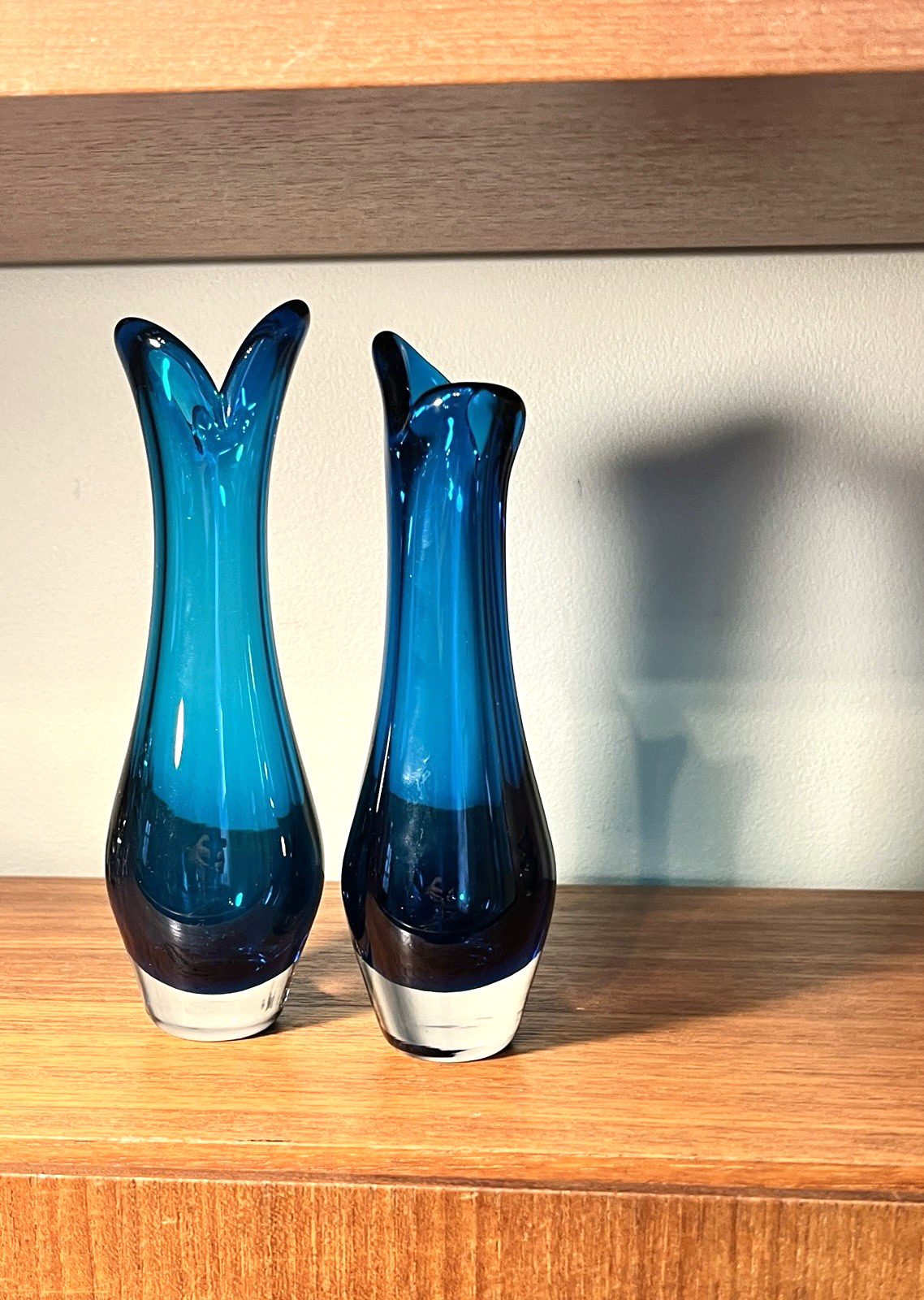 Whitefriars  Beak Vases Pair in Kingfisher Blue Mid Century Art Glass
