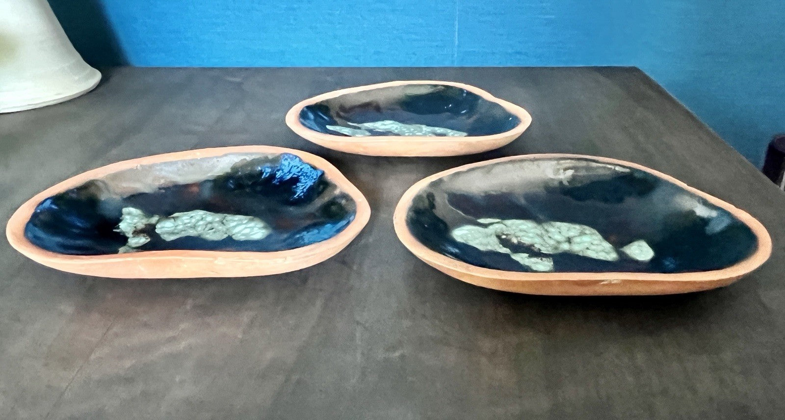 Set of 3 Studio Pottery Enamel Dishes Blue Glazed Trinket Bowls Organic Shape