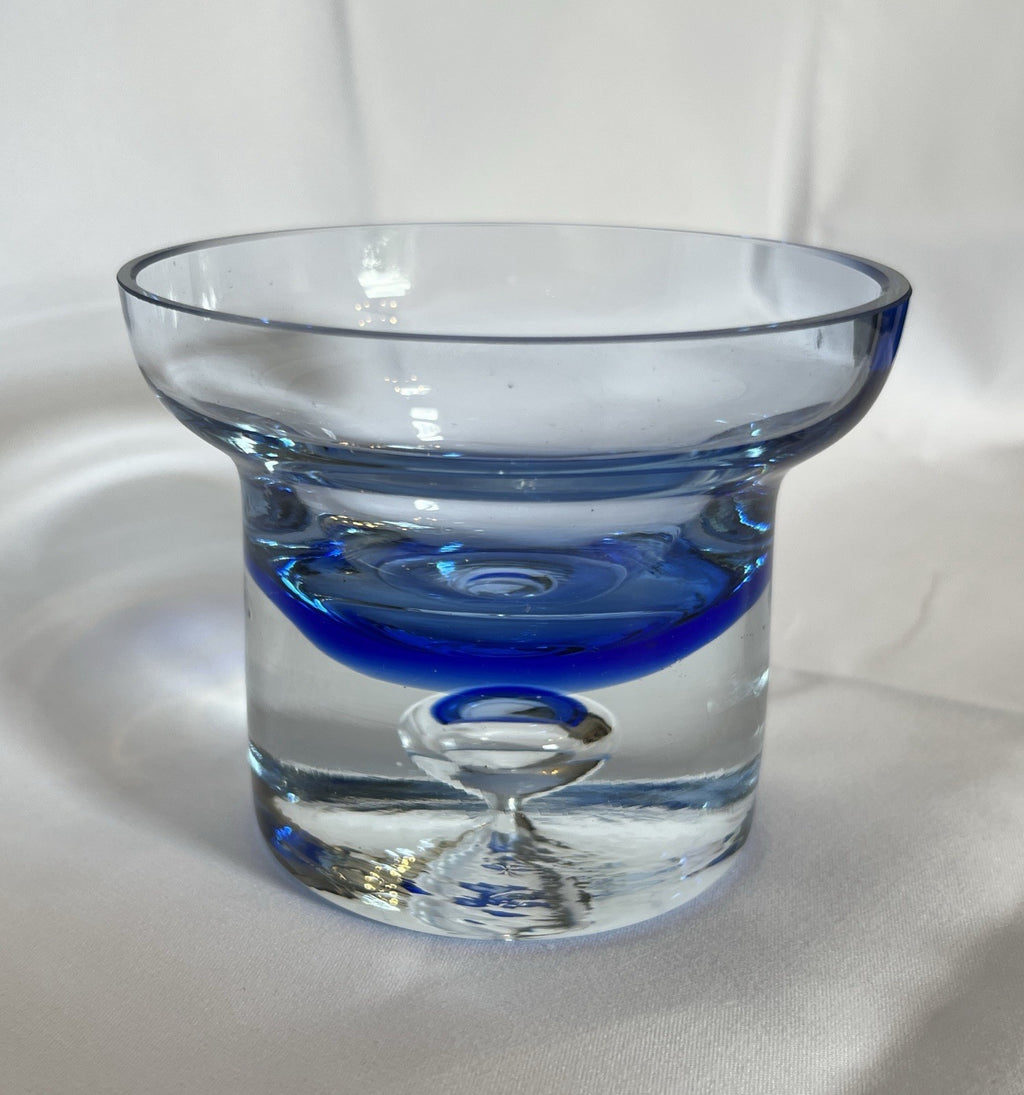 Vintage Krosno Crystal Candle Holder Cobalt Blue Clear Glass Trapped Bubble 10cm
