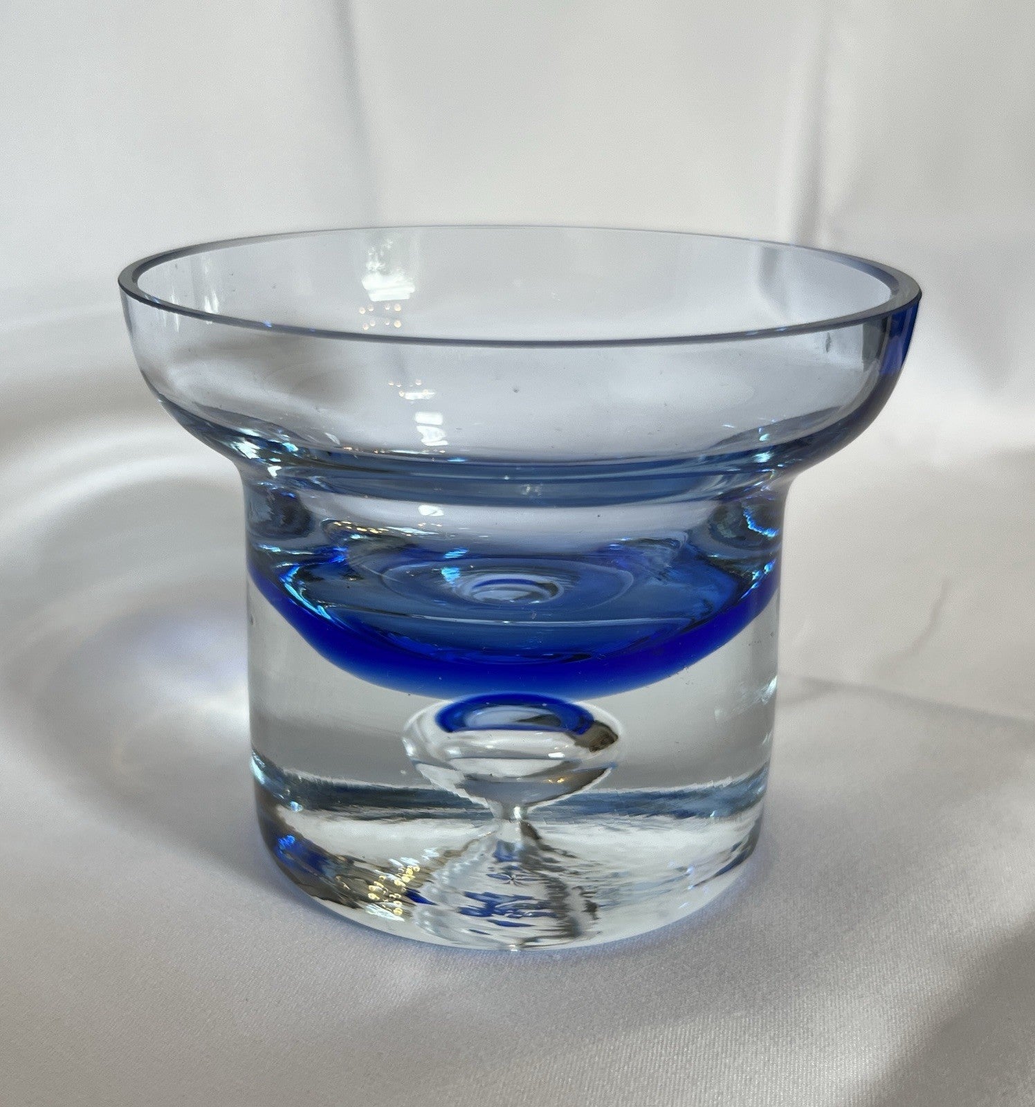Vintage Krosno Crystal Candle Holder Cobalt Blue Clear Glass Trapped Bubble 10cm