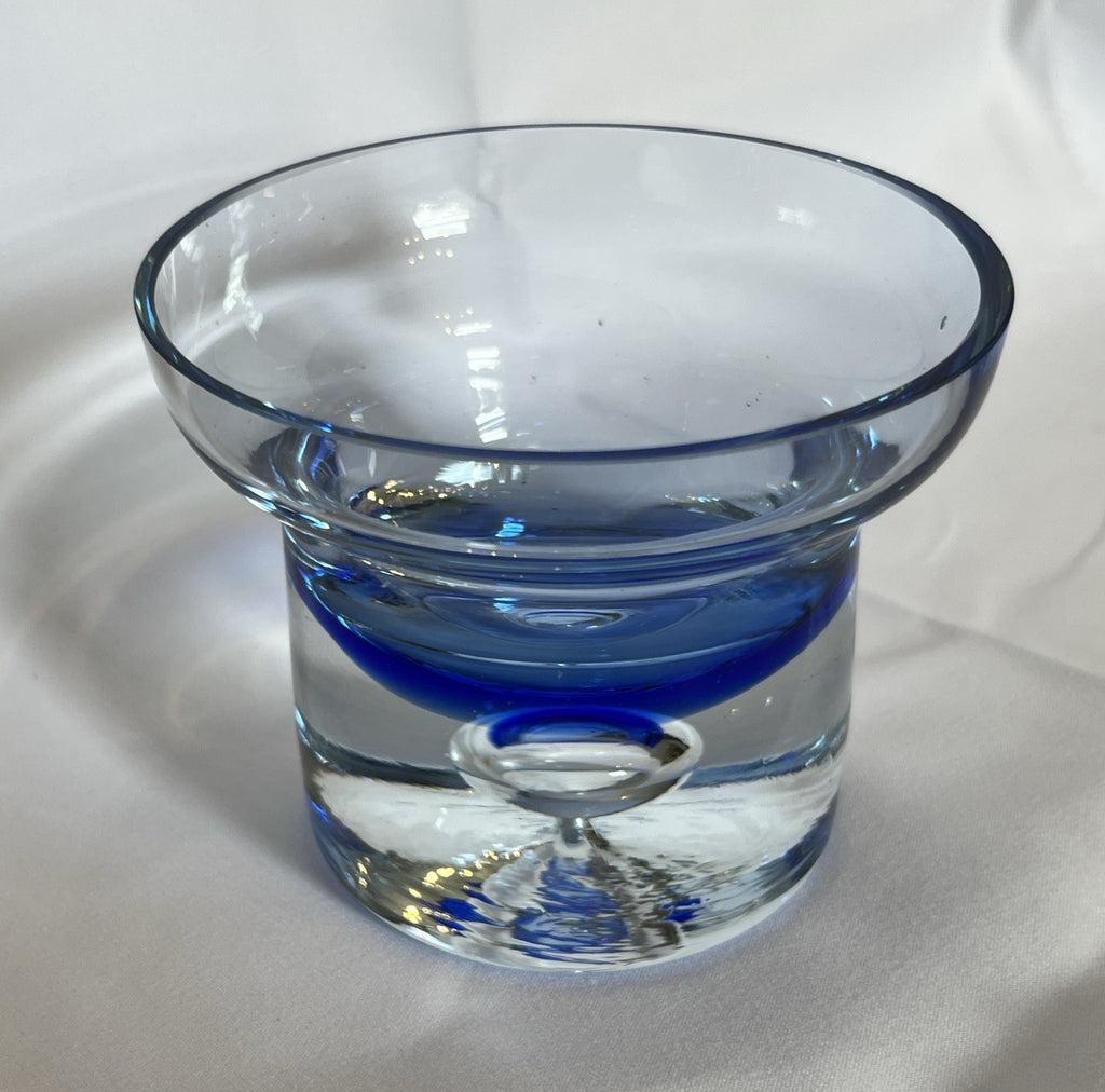 Vintage Krosno Crystal Candle Holder Cobalt Blue Clear Glass Trapped Bubble 10cm