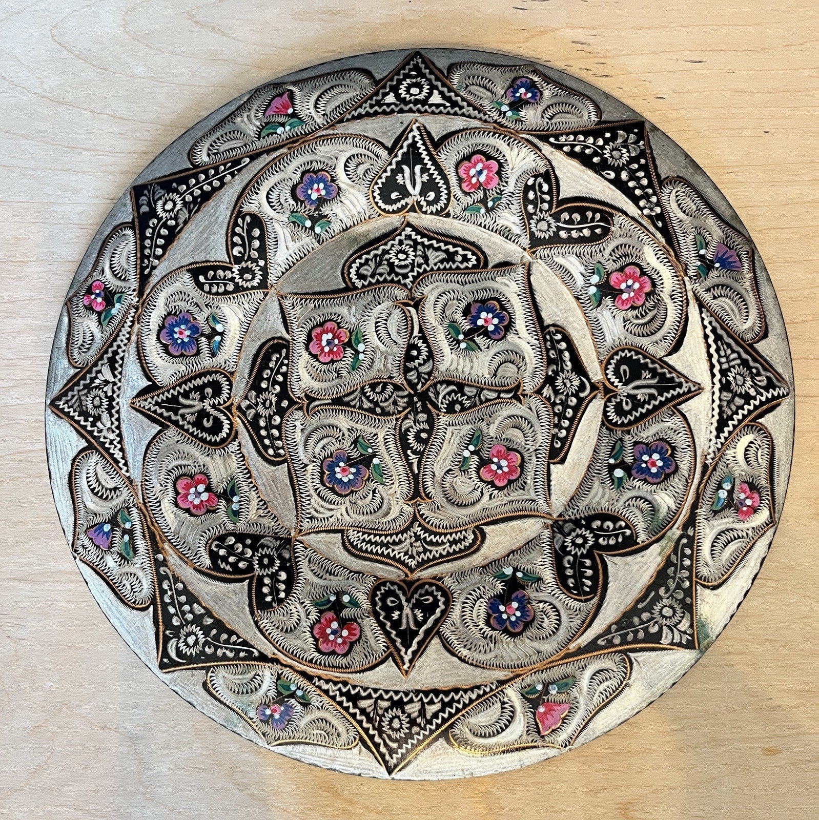 Vintage Indian Brass Wall Plate Enamel Floral Mandala Charger Hanging Plaque