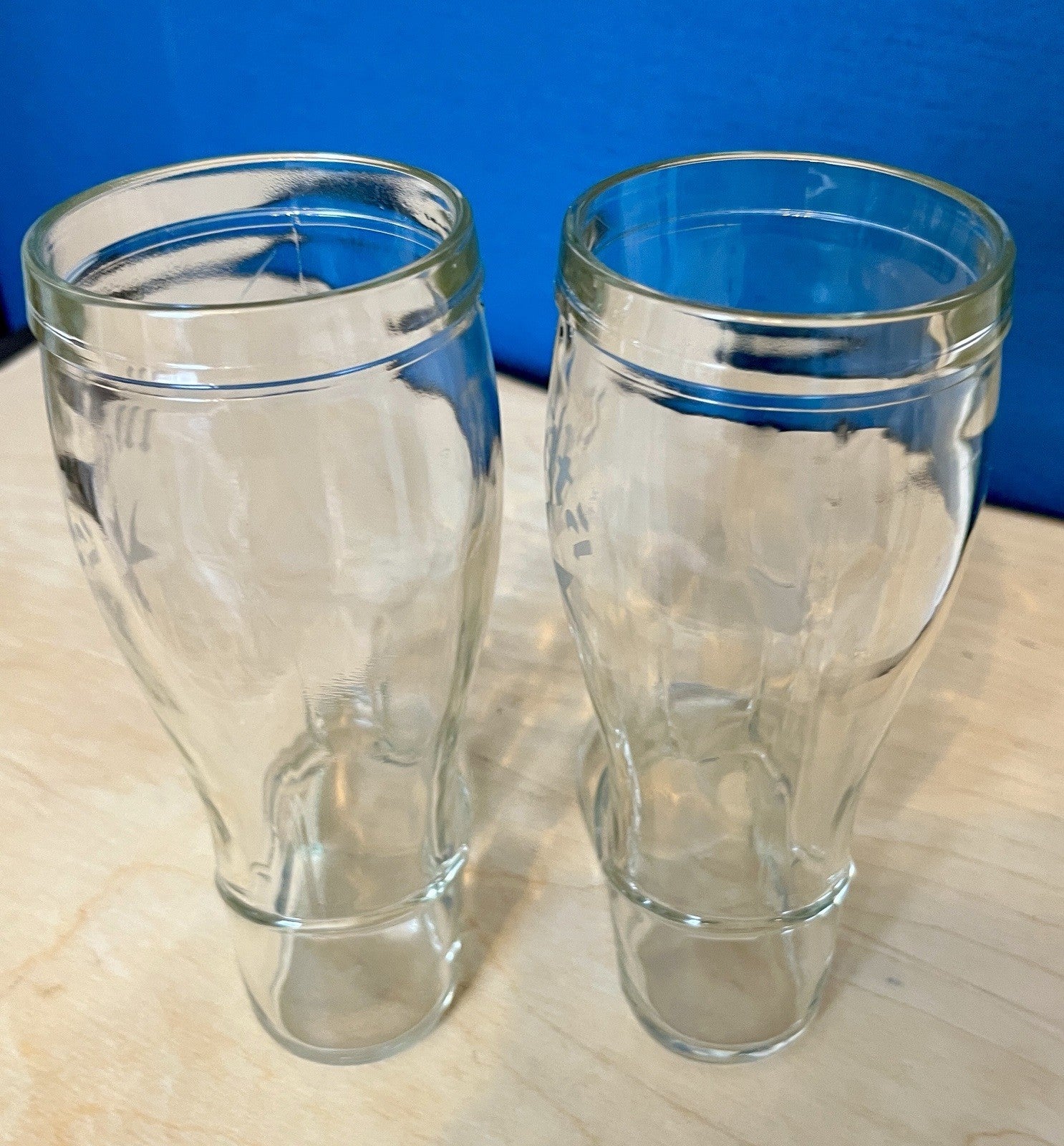 Pair Vintage Glass Beer Boots Malta Etched Drinking Glasses 19.5cm