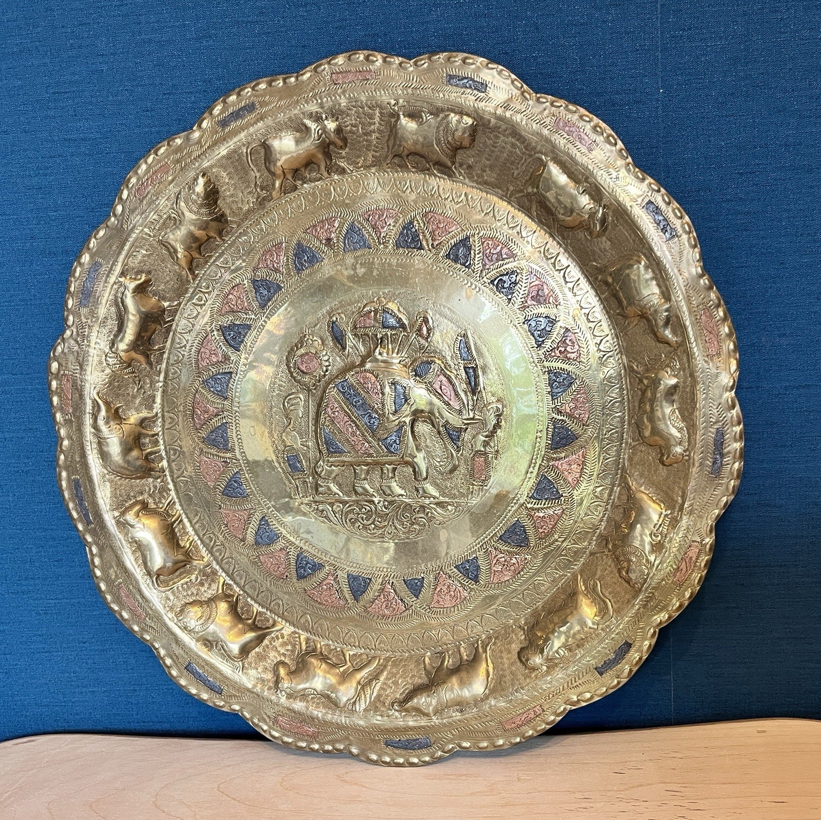 Vintage Indian Brass Wall Plaque Elephant Decorative Hanging Tray 35cm Engraved