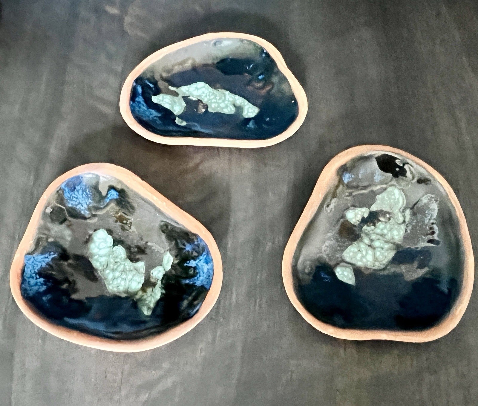 Set of 3 Studio Pottery Enamel Dishes Blue Glazed Trinket Bowls Organic Shape