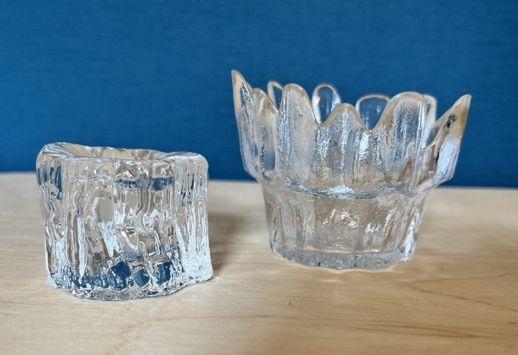 Scandinavian Ice Glass Candle Holders Pair Vintage Textured Glass Votive & Taper