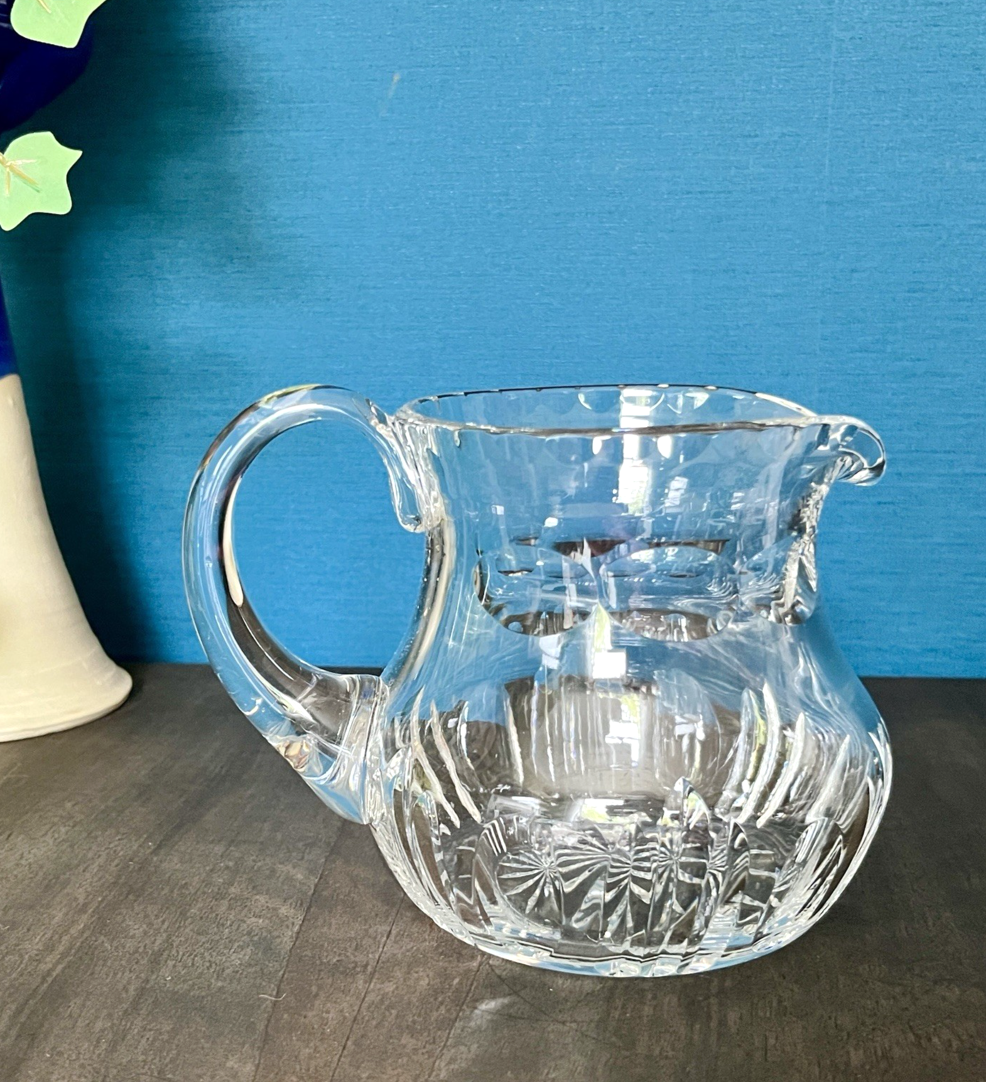 Heavy Cut Crystal Water Jug Pitcher Starburst Base Vintage Lead Crystal 19cm